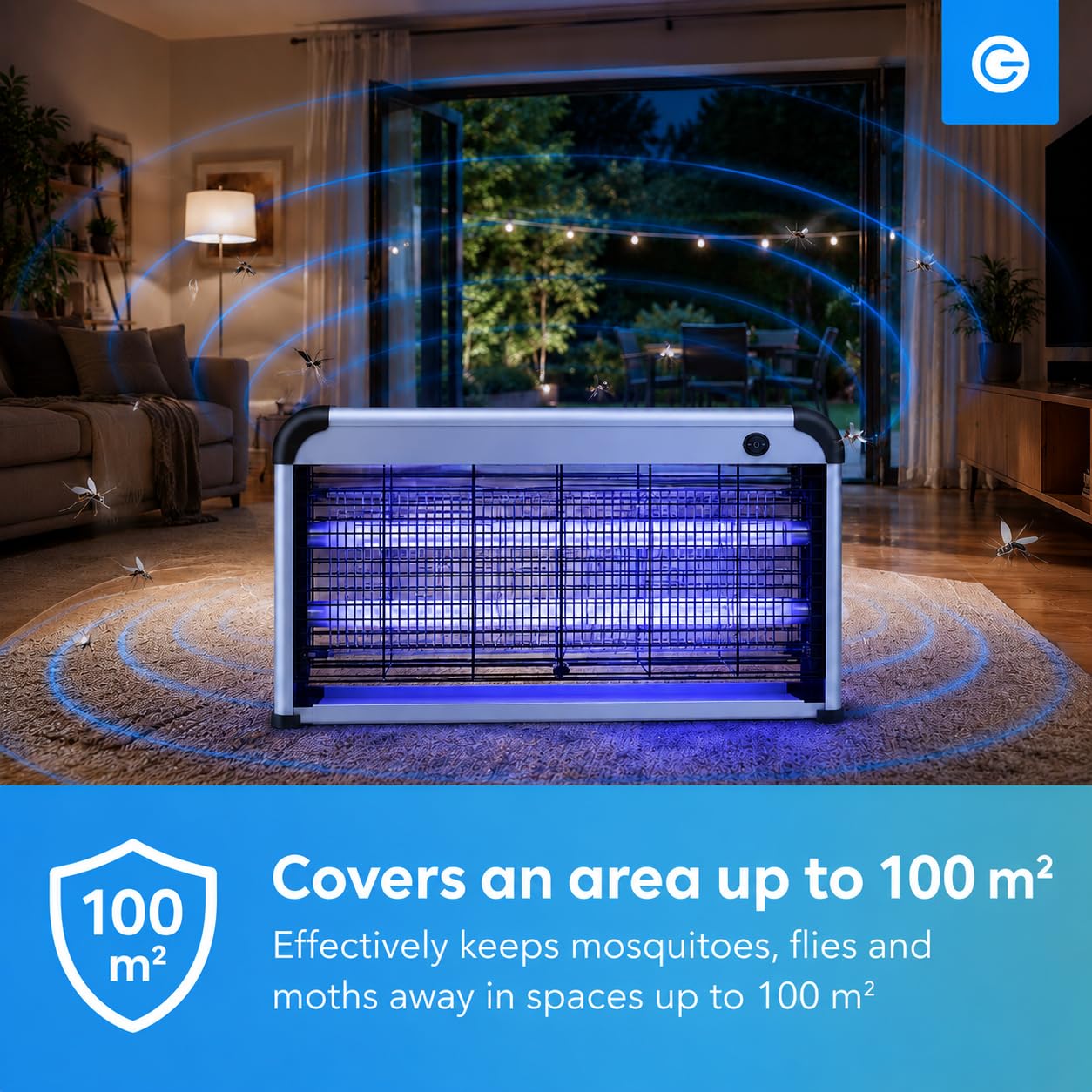 Silvergear Mosquito Lámpara Gran | Mata Insectos Eléctrico con Lámpara UV | Trampa para Mosquitos, Atrapa Moscas y Repelente de Insectos | Protege un área de 100 m² | Ligero y Portátil | 30W