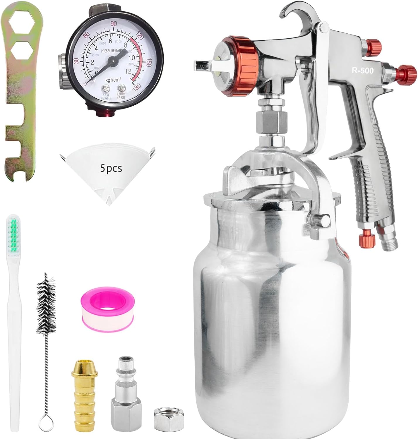 RRJ LVLP Spray Gun R500, Air Paint Gun Automotive with 1.3/1.5/1.8/2.0mm Nozzle & Air Regulator, 600cc Gravity Feed Air Spray Gun Premium Kit Auto Paint Spray Gun for Car Primers, Top Coat, Furniture