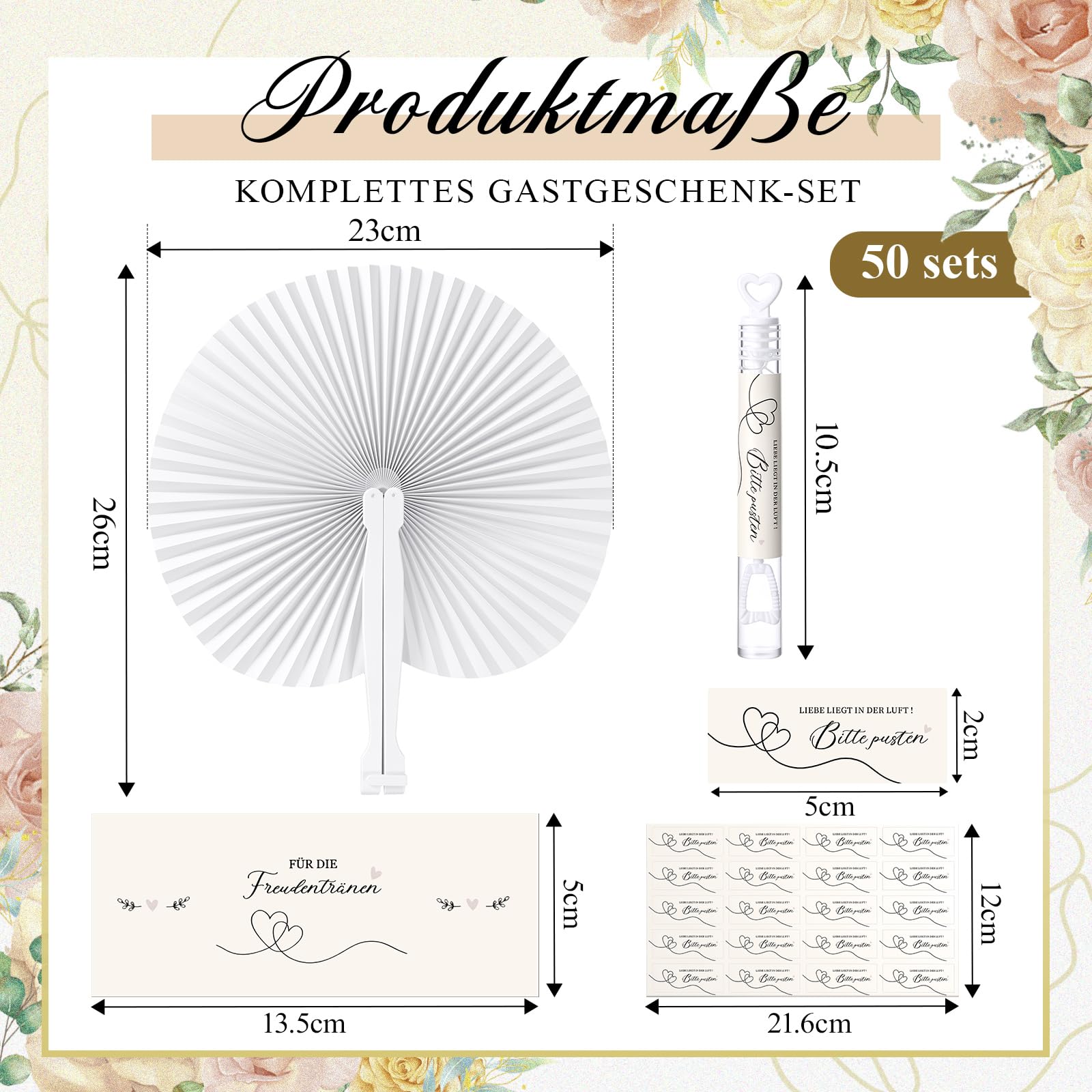 BBTO 50 Sets Hochzeit Gastgeschenke Handfächer Seifenblasen Hochzeit mit Aufkleber Freudentränen Taschentücher Banderolen Organzabeutel für Hochzeitsgäste Geburtstag Party Geschenk Tischdeko
