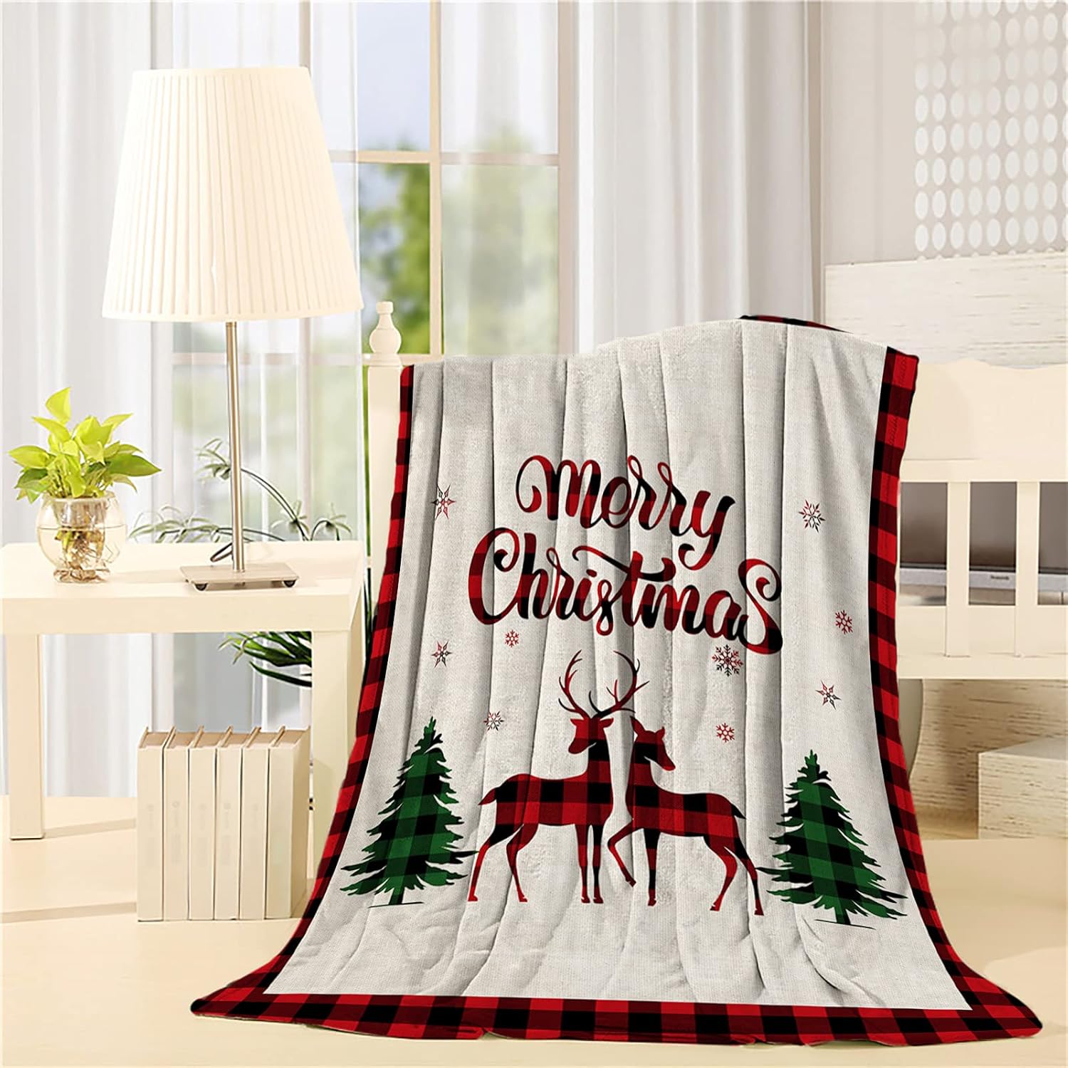 Amazon Com Christmas Bed Blanket 60 X 80 Inch Christmas Elk Xmas Tree On Red Lattice Air Conditioning Throw Blanket For Bedroom Living Rooms Sofa Oversized Travel Throw Cover Home Kitchen
