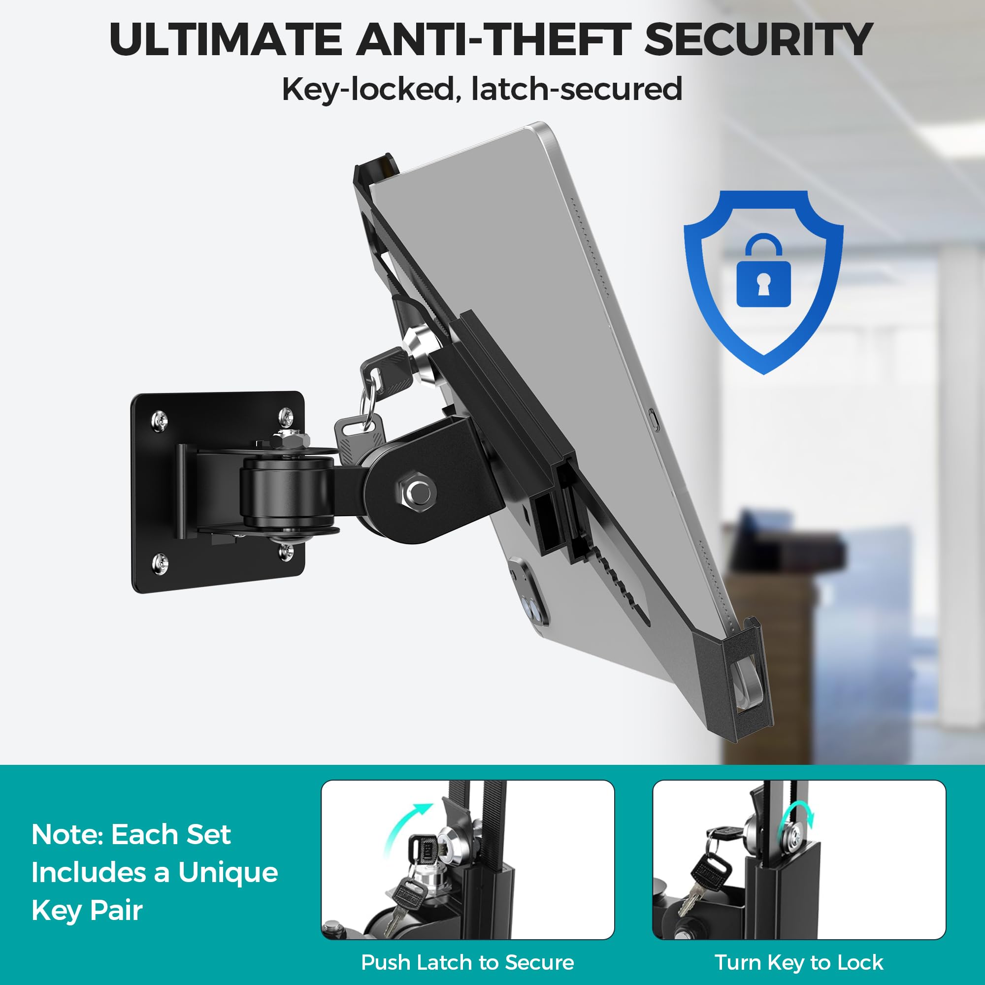 Soporte De Pared Antirrobo Para Tablet Con Cerradura, BUSIVYTA Soporte Comercial Articulado Para iPad Kiosco POS, 360° Rotación Giratorio Inclinación Para 7-14" iPad Pro Air Galaxy Tab, Negro