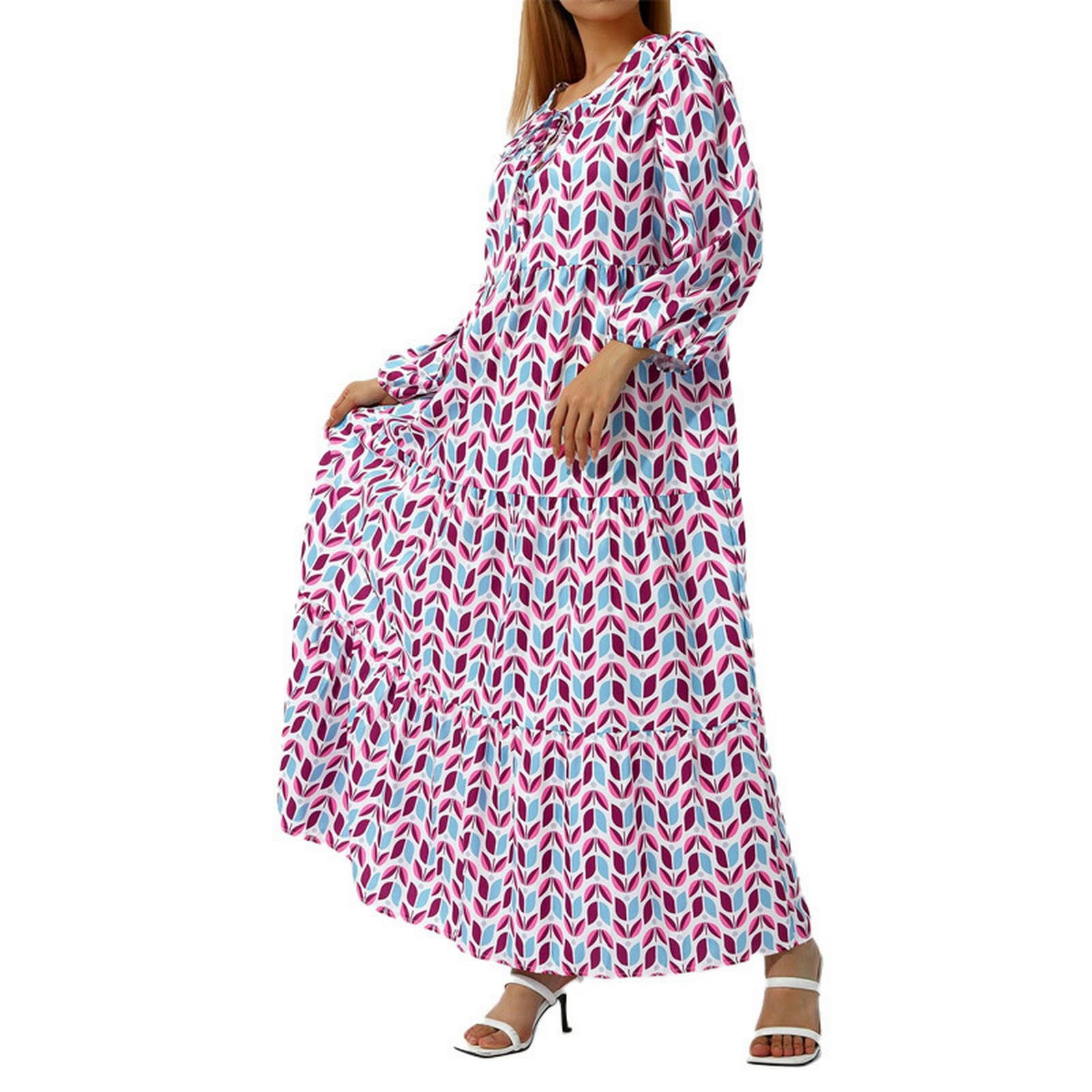 Vestidos Mujer Corte Holgado Casual Verano Cuello en V Media Manga Bohemia Patrón Geométrico Maxi Vestidos Largos YYEFNMAZ