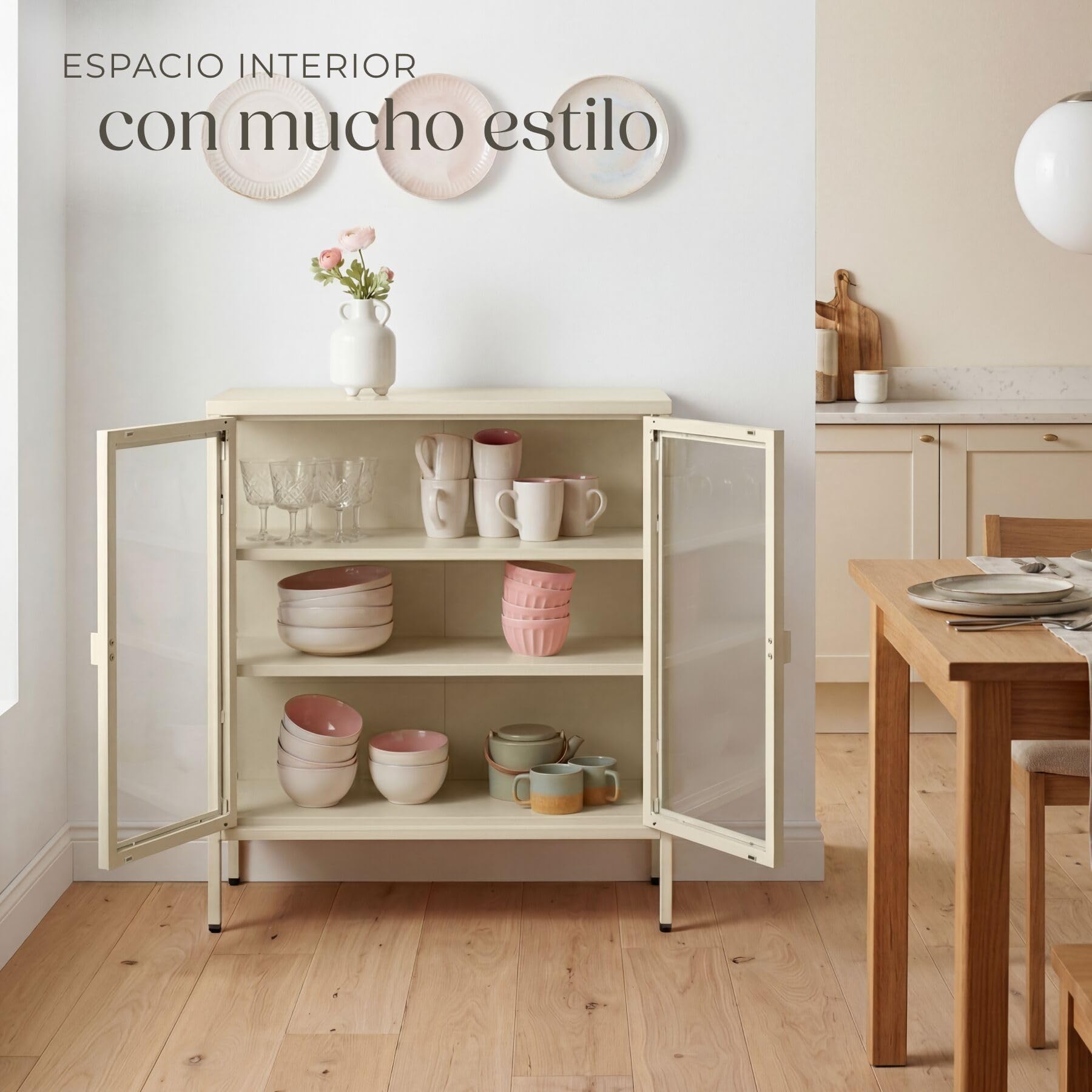 tectake® Vitrina Expositora con Puertas de Cristal con Cierre Magnético, Mueble Baño con Estantes Ajustables, Estanterias Almacenaje con Patas Ajustables, Estanteria - Crema