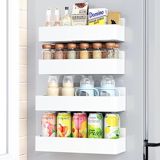 Mystozer Magnetic Spice Rack for Refrigerator, Kitchen Organizer and Storage Shelf, White (4 Pack)…