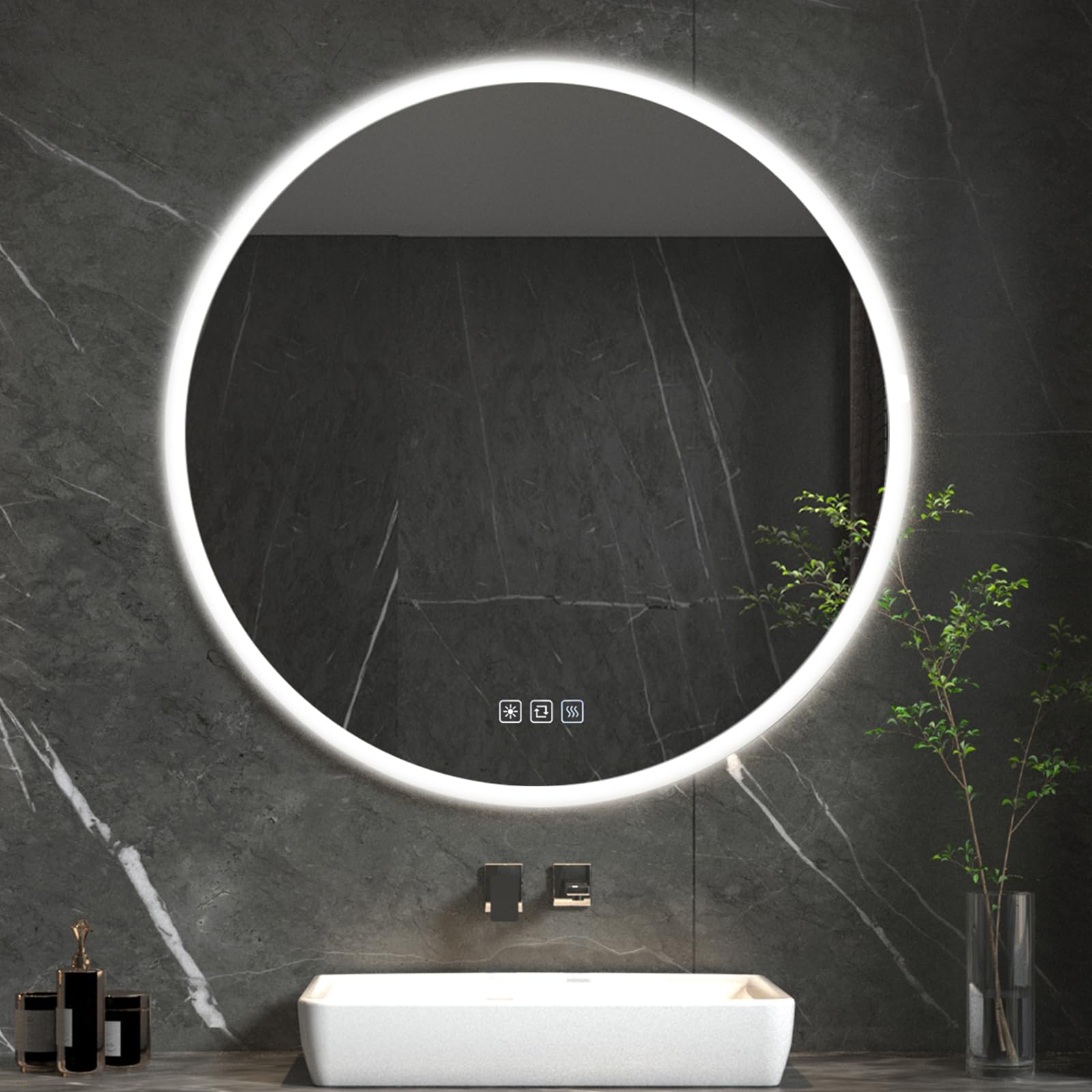 furduzz 600mm Round Led Bathroom Mirror, Illuminated Wall Mounted Bathroom Mirror with LED Lights, Touch Switch, Demister Pad, Dimmable, 3 Colour — image 1