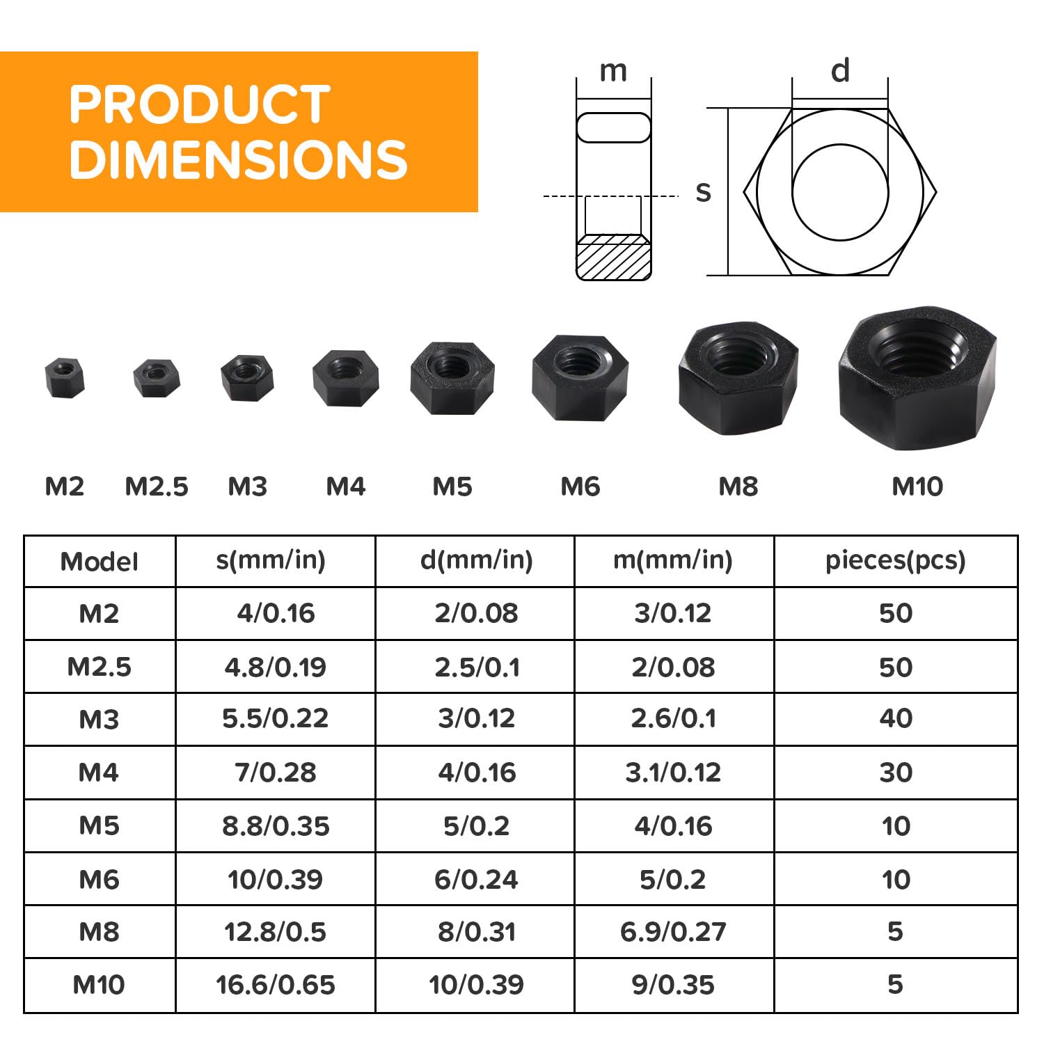 200 Pezzi M2/M2.5/M3/M4/M5/M6/M8/M10 Dadi Esagonali in Plastica, Dadi Esagonali in Nylon, Dado Esagonale Filettato Metrico, Nero
