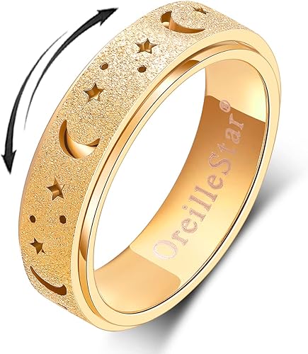 OreilleStar - Anillo de mujer para la ansiedad, juguetes giratorios antiestrés para adultos, acero inoxidable, luna y estrella
