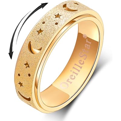 OreilleStar Anxiety Ring for Women Fidget Ring Spinner Rings Stainless Steel Moon Star Fidgit Ring for Women Gold Plated Size 6