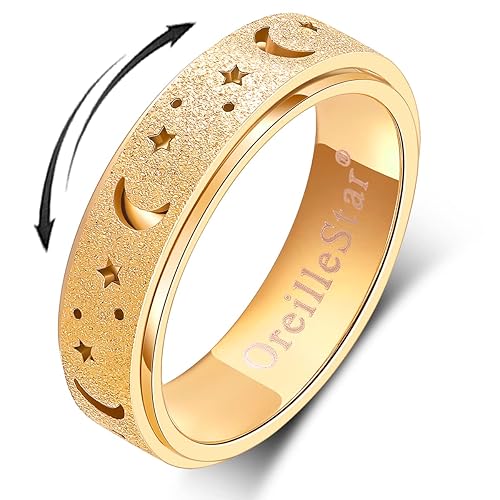 OreilleStar Anxiety Ring for Women Fidget Ring Spinner Rings Stainless Steel Moon Star Fidgit Ring for Women Gold Plated Size 6 - Size 6 - Moon Star-Gold