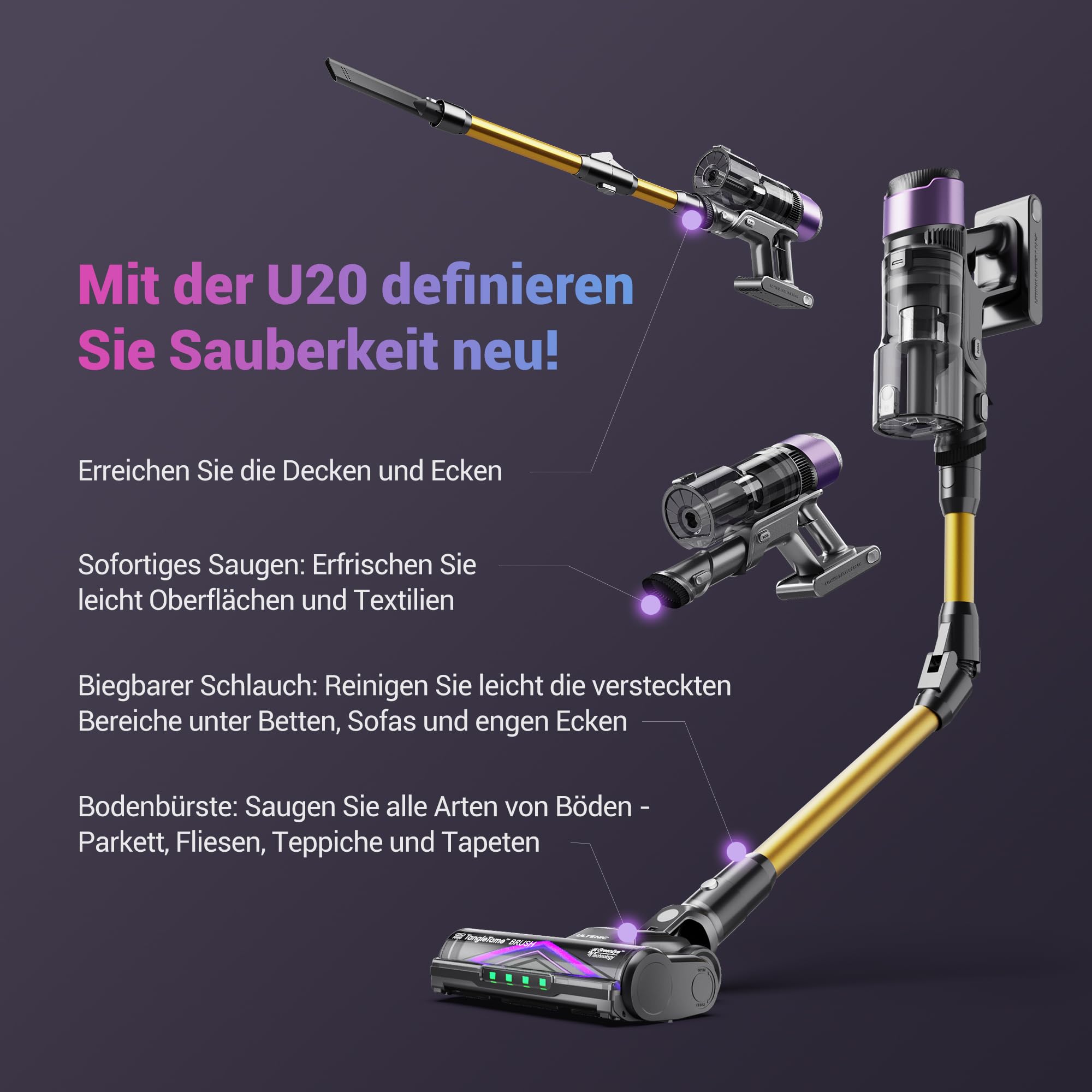 Ultenic Akku Staubsauger,55KPA/600W/60Mins Staubsauger Kabellos mit 180° klappbarem Rohr, 1,5L Großer Staubbecher, Anti-Tangle-Bürste, GreenEye-Technologie,Licht für Hartböden Teppiche Tierhaare