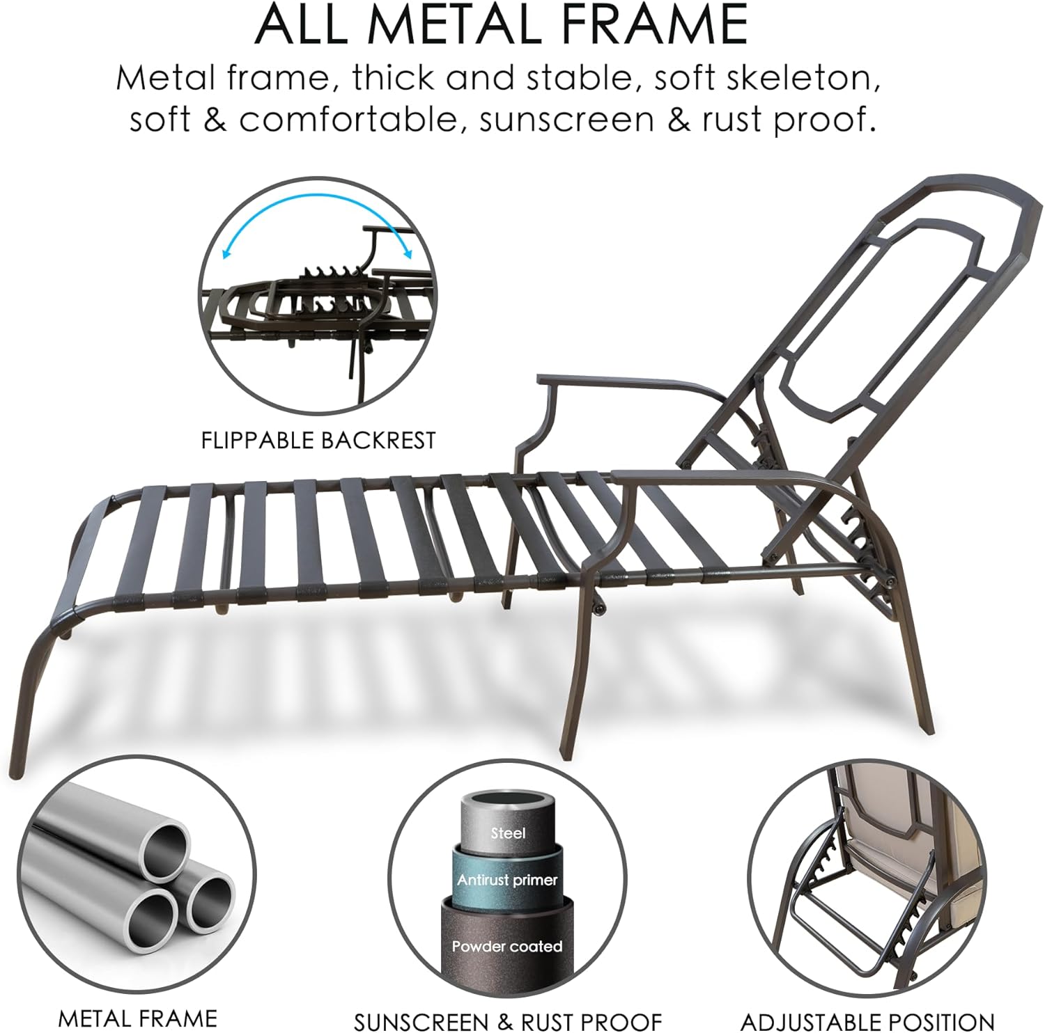 Beige Steel Outdoor Chaise Lounge with Cushions