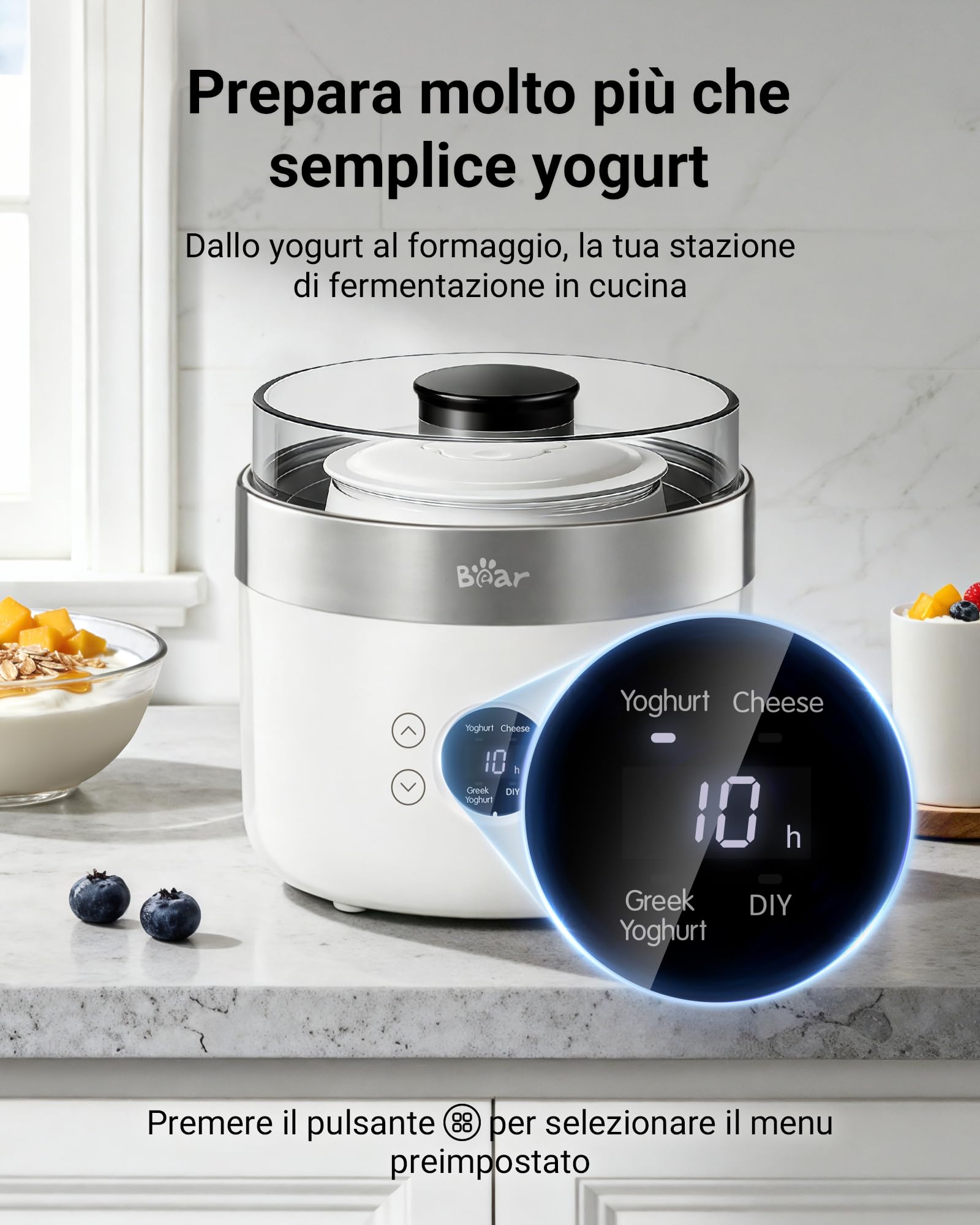Bear Yogurtiera e casara per formaggio fresco, inclusi 4 tazze porzionate in ceramica da 125 ml, 2 contenitori in vetro XXL da 1 litro e 4 programmi preimpostati per yogurt greco e formaggio