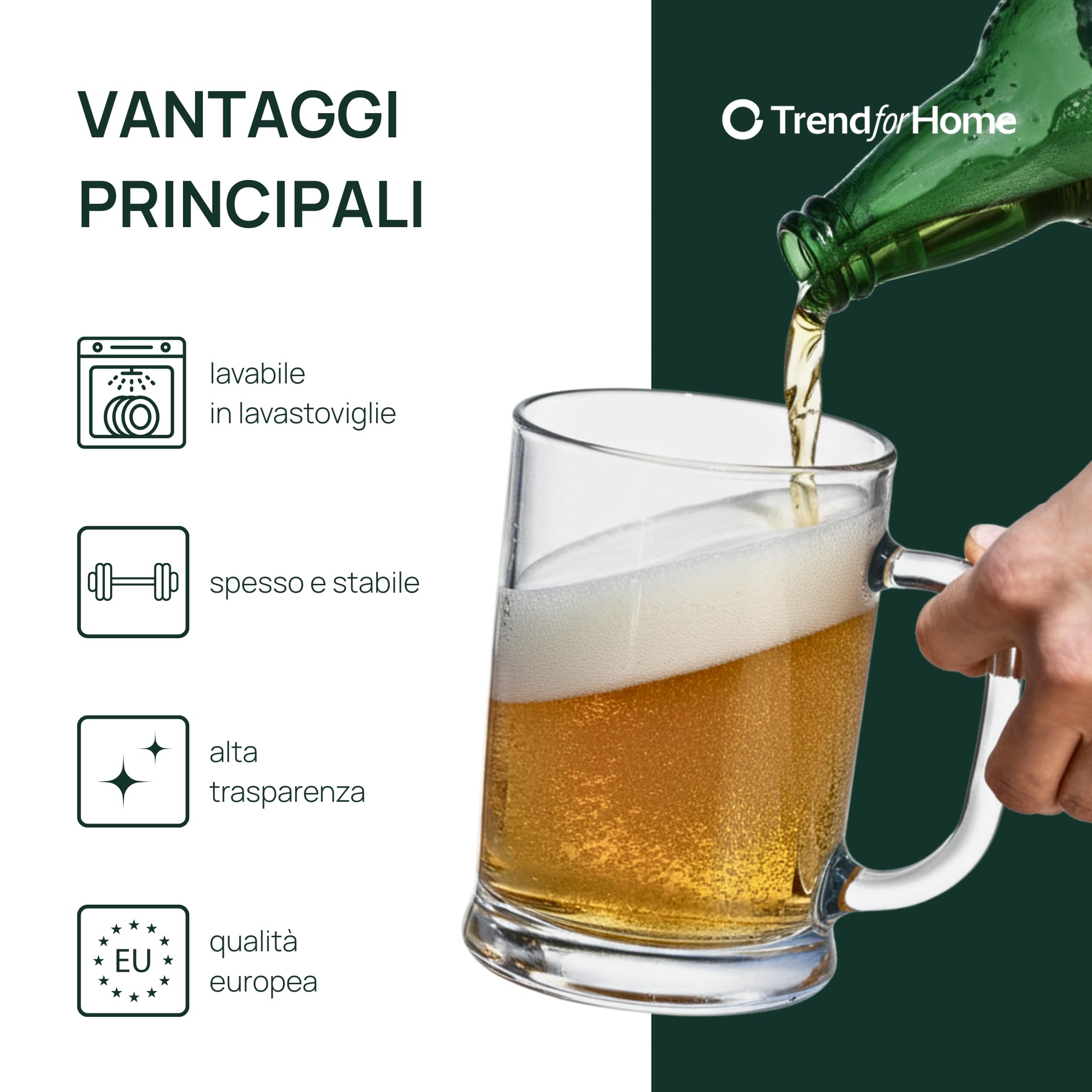 TREND FOR HOME Boccale Birra con Manico, 500 ml, Set da 6 Boccali Birra Set Bicchieri Birra Vetro Trasparente 0,5L, Lavabile in Lavastoviglie, Collezione Ulf