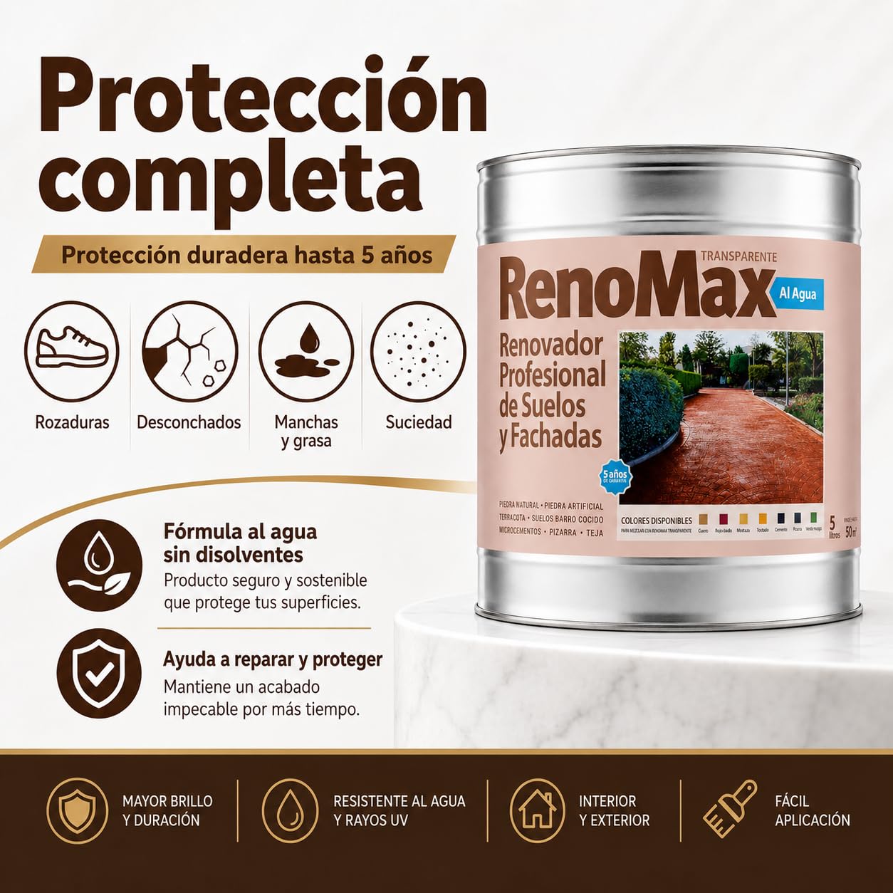 Renomax - Resina Hormigon Impreso y Superficies Porosas Al Agua, 15L Cubre hasta 150m² | Repara, Renueva, Protege y Embellece Suelos y Fachadas | Resina Hormigon Fácil de Aplicar, Garantía 5 Años