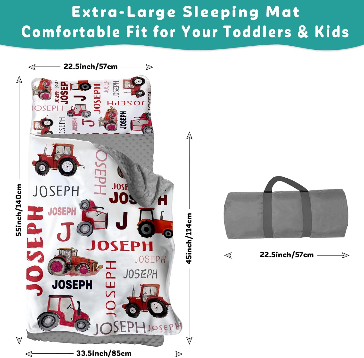 Custom Toddler Nap Mat for Preschool - Personalized Name Red Tractor Nap Mats for Daycare Kindergarten Toddler Boys, Sleeping Bag with Pillow Blanket Set, Thick Padded Easy Roll Up