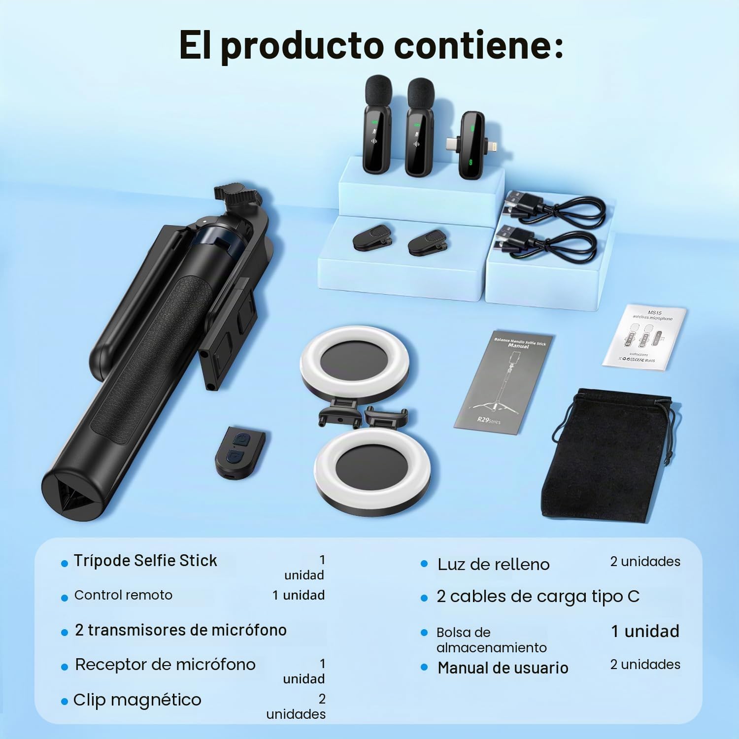 yAyusi Kit Vlogging para iPhone/Android, Palo Selfie de 180cm Trípode con Luz de Relleno, Control Remoto y Micrófono, Kit Esencial para Creadores de TikTok/Youtube/Contenido