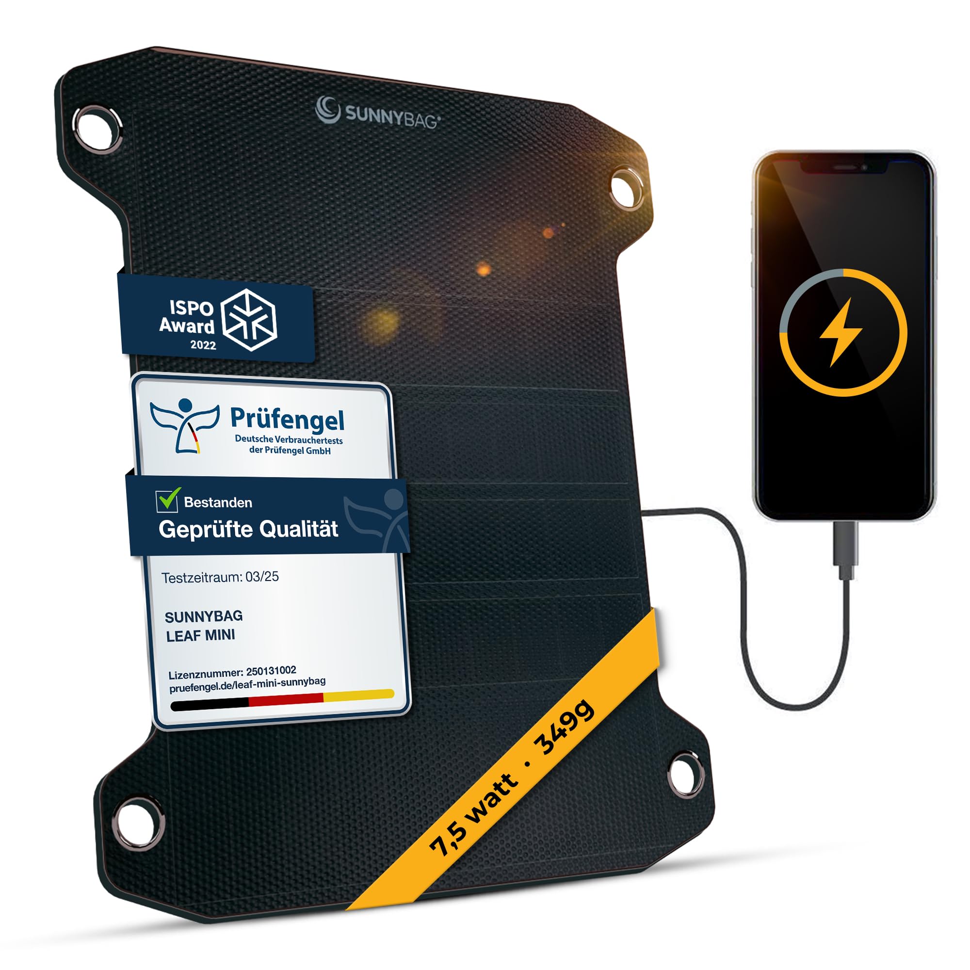 Sunnybag LEAF PRO | Il pannello solare flessibile più potente al mondo | 7,5 Watt | Connessione USB | Caricatore solare per cellulare, smartphone, powerbank | Perfetto per escursioni, campeggio