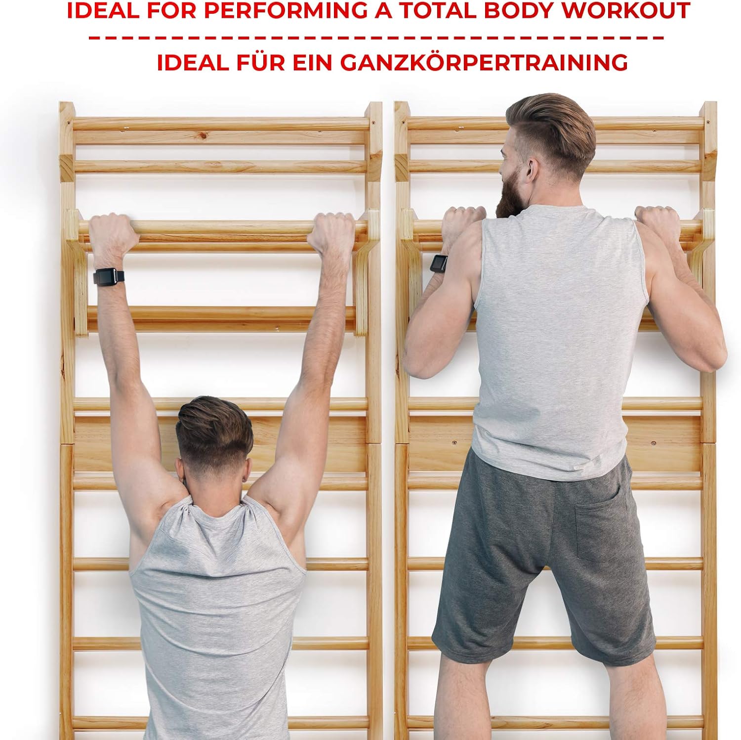 Two men performing exercises on wall bars, suitable for a full-body workout.