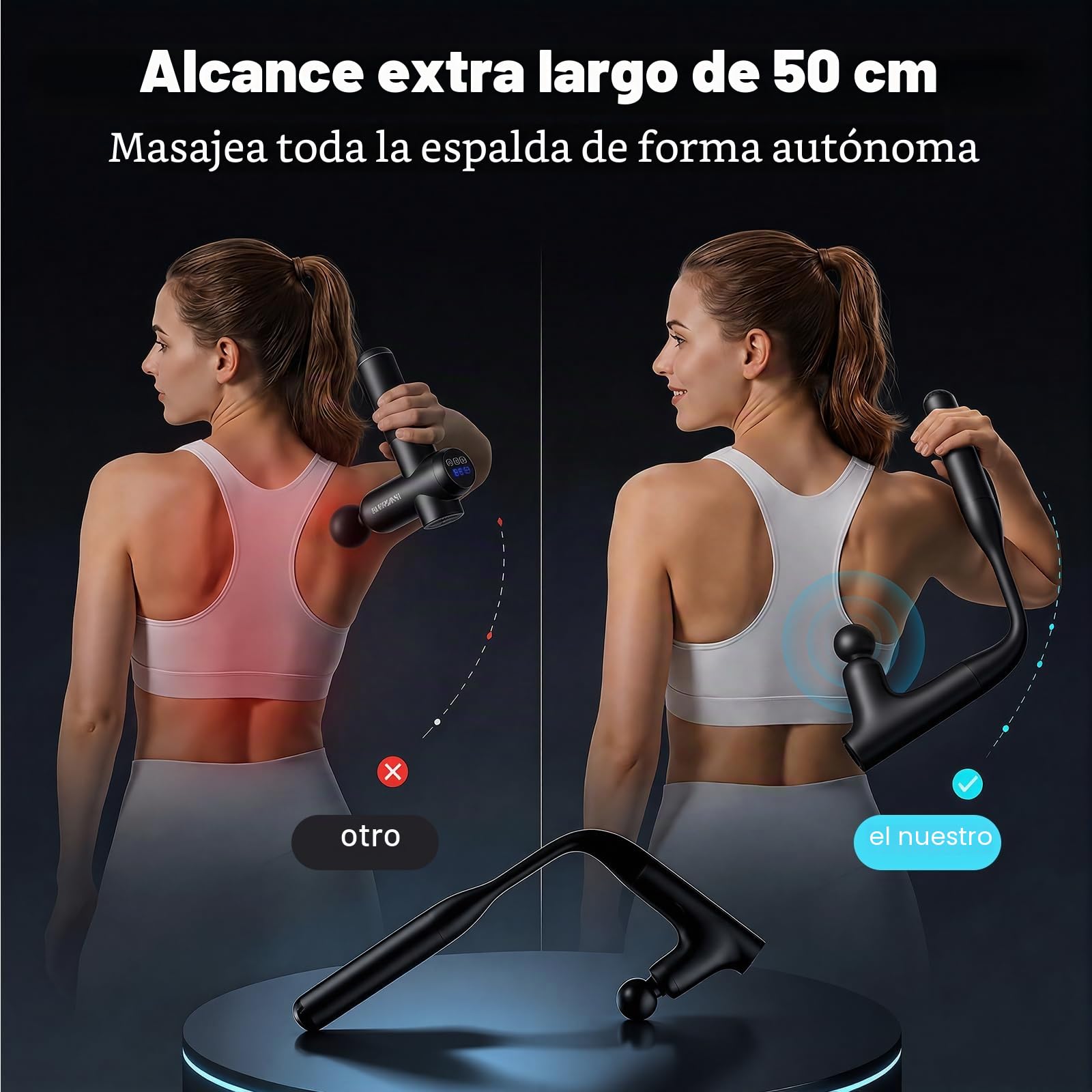 Pistola de Masaje Espalda, Mango Extensible 50cm para Automasaje | Fuerza 7kg Percusión Turbo Tejido Profondo Masajeador Eléctrico Portátil para Recuperación Deportiva, 4 Cabezales USB-C