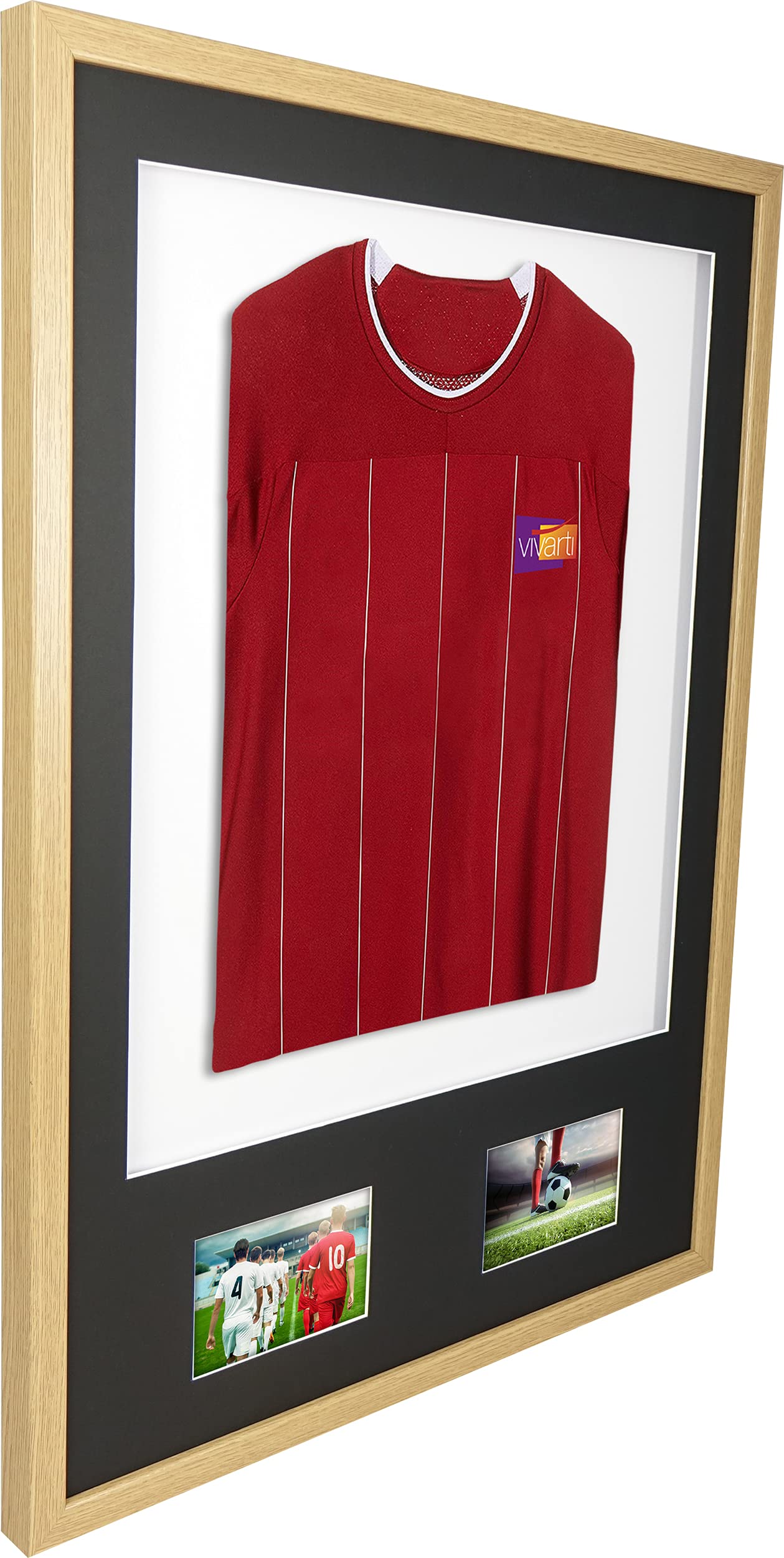 Vivarti DIY Junior 3D montado + marco de visualización de camisa deportiva de doble apertura A1 59,4 x 84 cm - Marco de roble, soporte negro, tarjeta de respaldo blanca