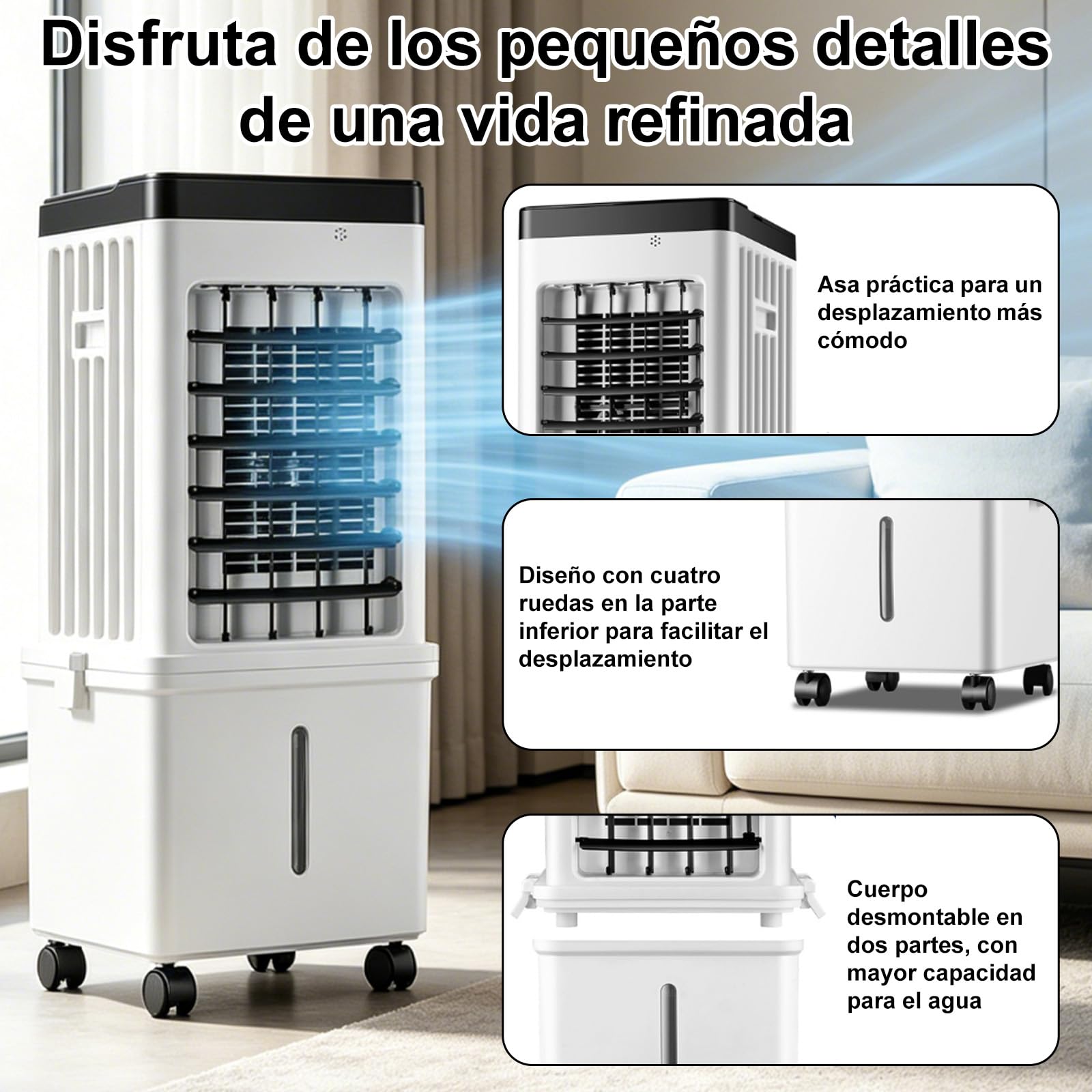 Aire Acondicionado Móvil Mecánico, 75W Bajo Consumo, 3 Velocidades | Climatizador Evaporativo Portátil de 10L con Cristales de Hielo,Oscilación de Gran Ángulo, Ruedas para Hogar Oficina