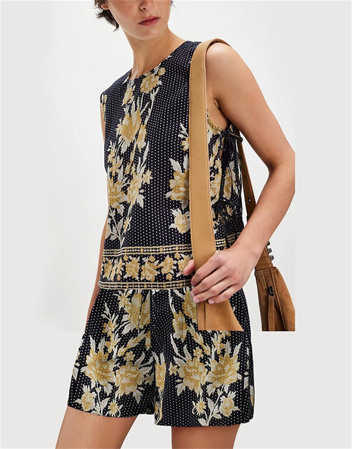 Yuemengxuan Women Tie Side Tank Top Shorts 2 Piece Outfits Set Sleeveless Floral Embroidered Crop Cami Top Shorts Pajamas Set - Image 2