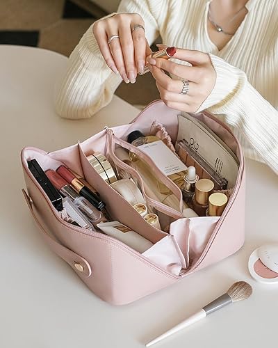 Miniatura 8 de EACHY Bolsa de maquillaje de viaje, bolsa de cosméticos de gran capacidad para mujeres, bolsa portátil impermeable, bolsa de aseo plana abierta,