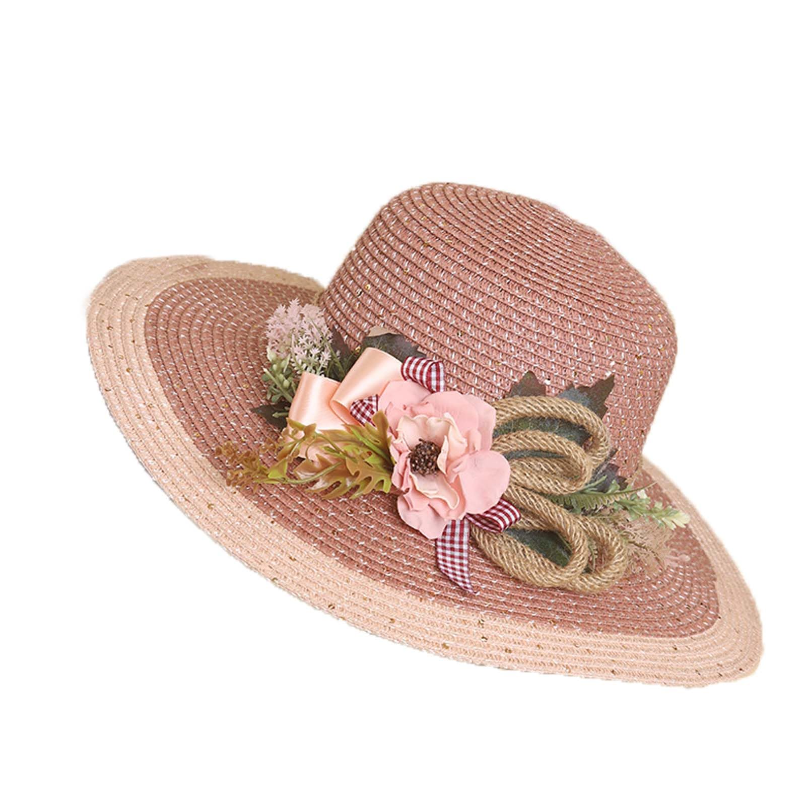 Cappello da Sole Cappelli da Sole, Cappello da Sole da Donna in Paglia, Pieghevole, Lavorato all'Uncinetto, 50+ Cappelli Fatti a Mano con Fiocco Multicolore(Skin Pink)