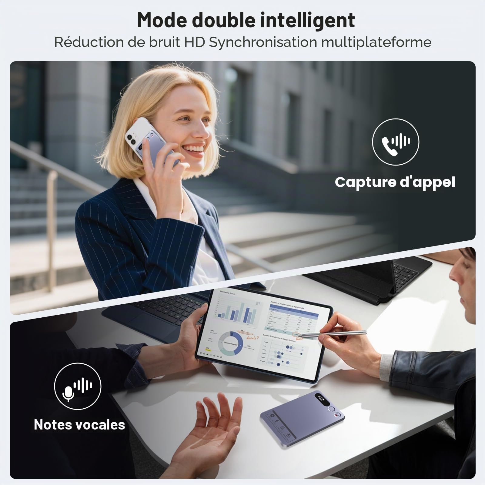 Enregistreur vocal avec intelligence artificielle, transcrit et résume avec technologie IA, contrôle via l'application, prend en charge 152 langues, boîtier magnétique, mémoire 64 Go, enregistreur