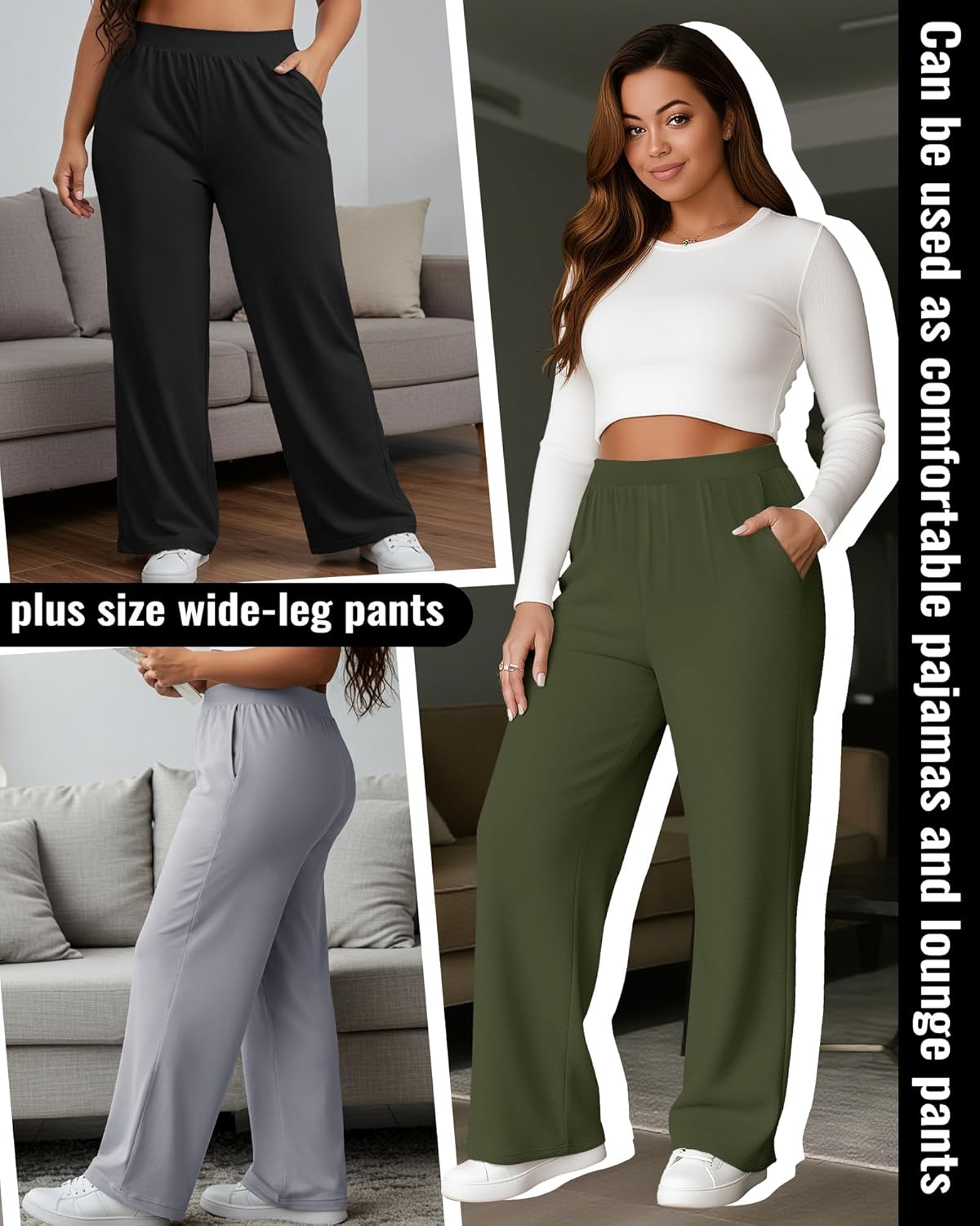 Huukeay 3 Pack Women's Plus Size Pants, High Waisted Wide Leg Pants Casual Pajamas Pants Loose Yoga Sweatpants with Pockets - Image 2