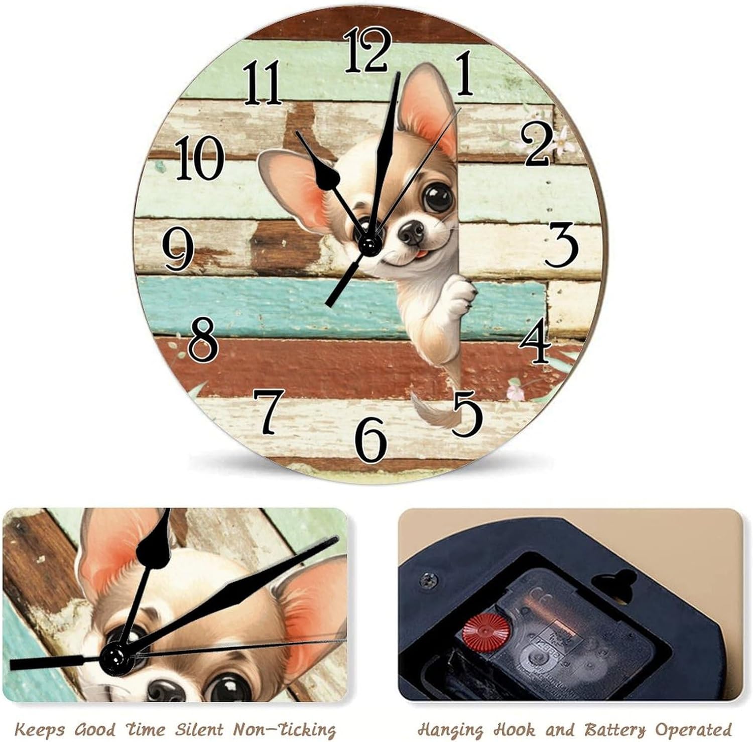 Chihuahua Dog Peeking Around Corner Clocks Chihuahua Wall Clocks Battery Operated Round Wall Clock Puppy Dog Animal Wooden Wall Clock for Bathroom Bedroom 12x12in