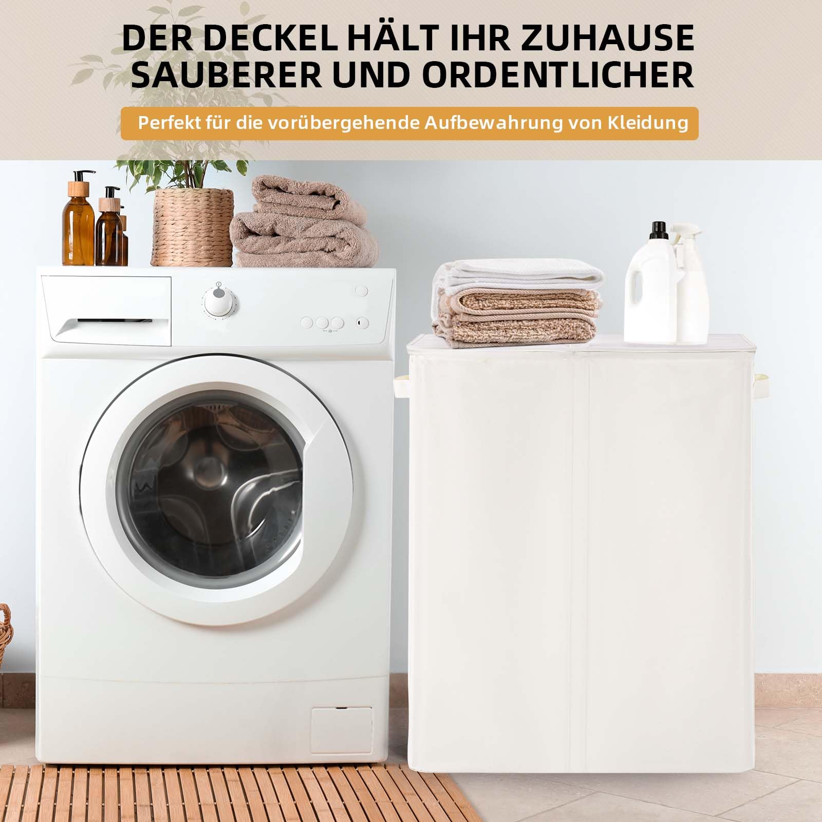 Wäschekorb mit Deckel 135L, Große Wäschesammler 2 Fächer mit Griffen, Beige | Wäschesortierer und Herausnehmbaren Wäschesäcken, Faltbarer Wäschetrenner für Badezimmer, Schlafzimmer und Waschküche