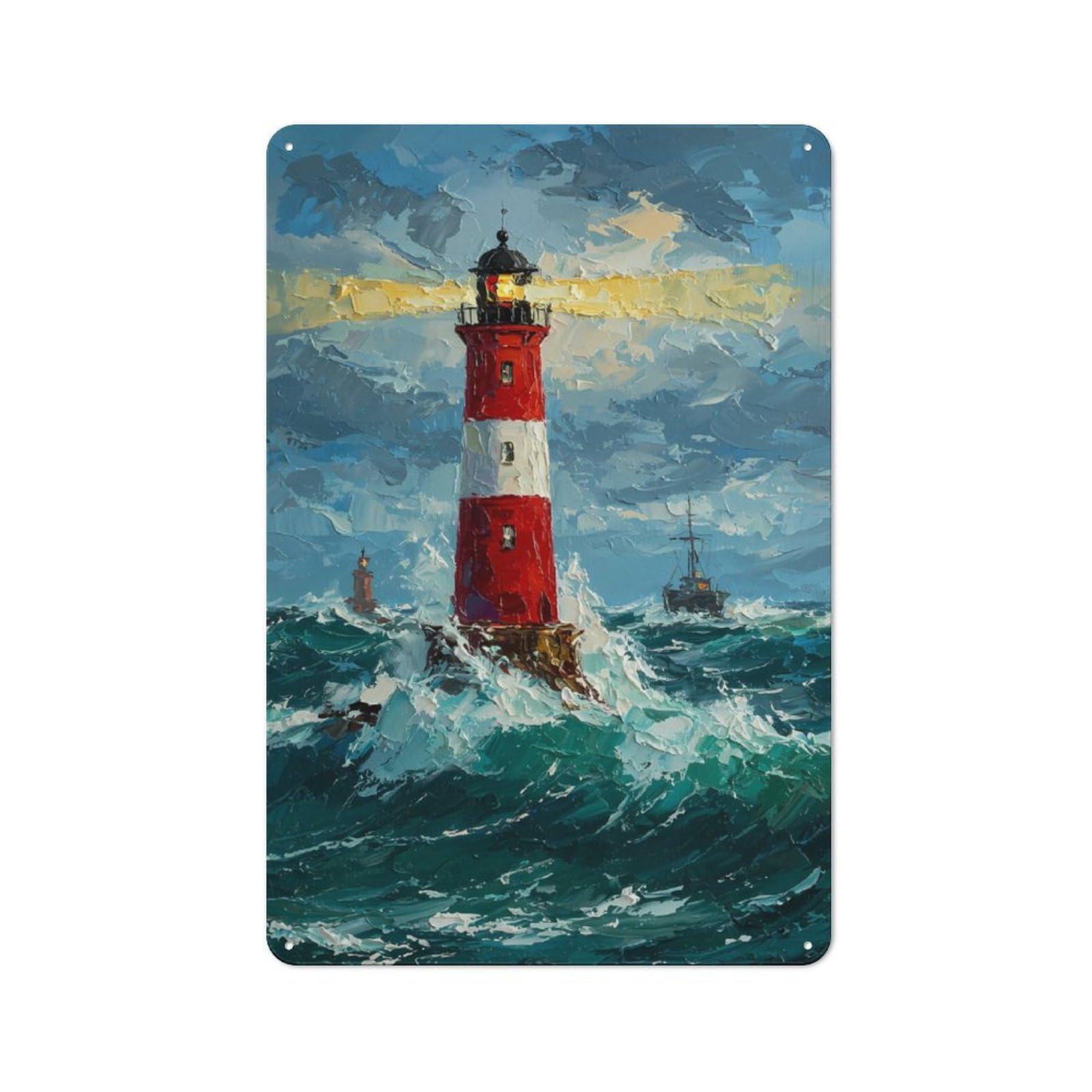 Junmoney Lighthouse In Stormy Sea Metal Wall Sign 30X20cm Featuring For Bar Or Restaurant, For Bar Decor Enthusiasts