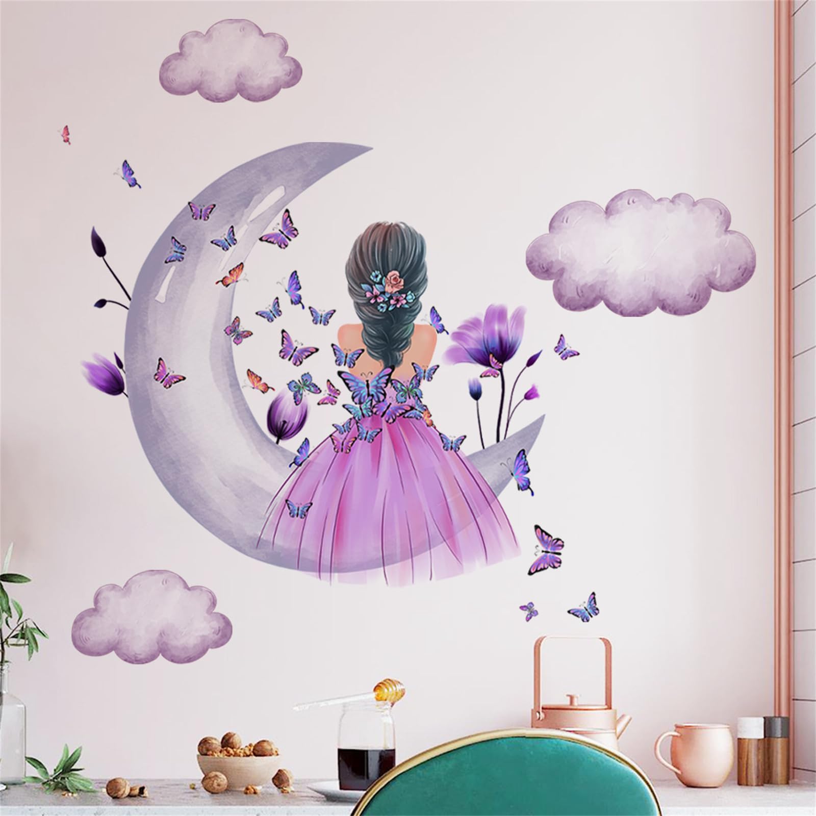 Purple Girl Wall Stickers for Girls Bedroom Moon & Butterfly Wall Decals with Clouds & Flowers