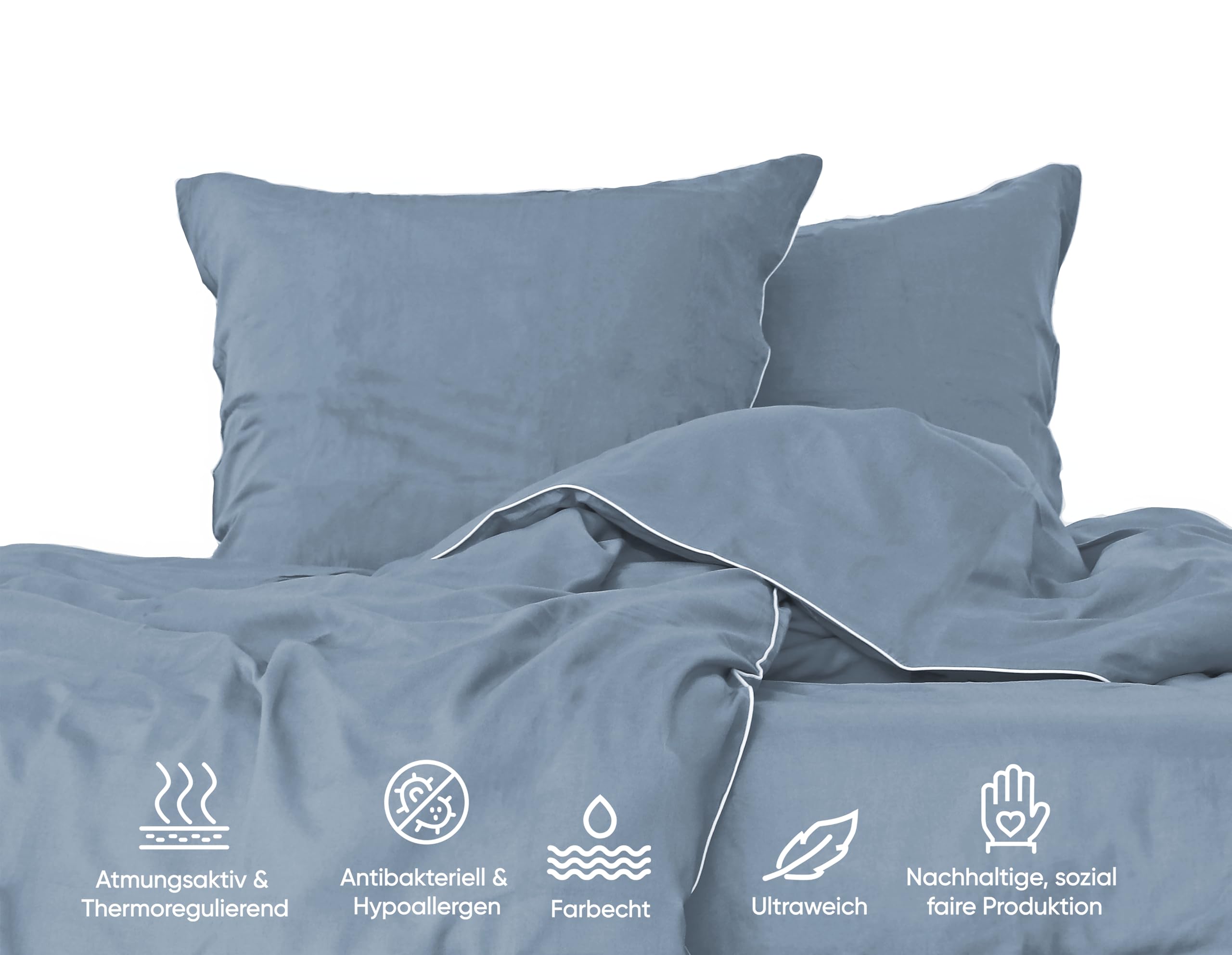 jilda-tex Luxus Perkal Premium-Bettwäsche aus Eukalyptus 100% Lyocell Tencel™ Piping Zertifiziert nachhaltig (Blau, 2 TLG. 135x200cm / 80x80cm)
