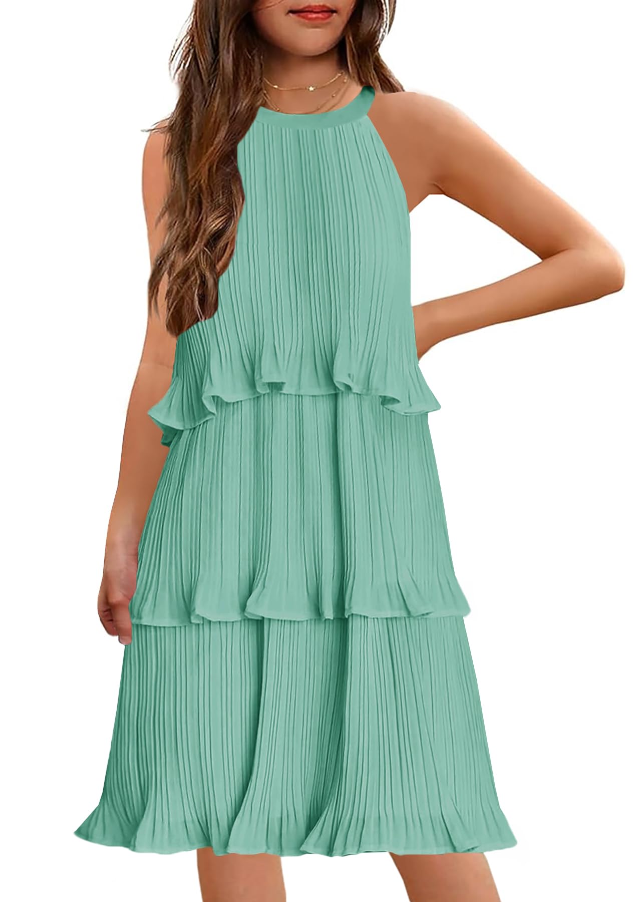HOSIKA Girls Halter Neck Dresses Summer Sleeveless Ruffle Tiered Layered Chiffon Pleated A Line Swing Midi Dress for 6-12 Y