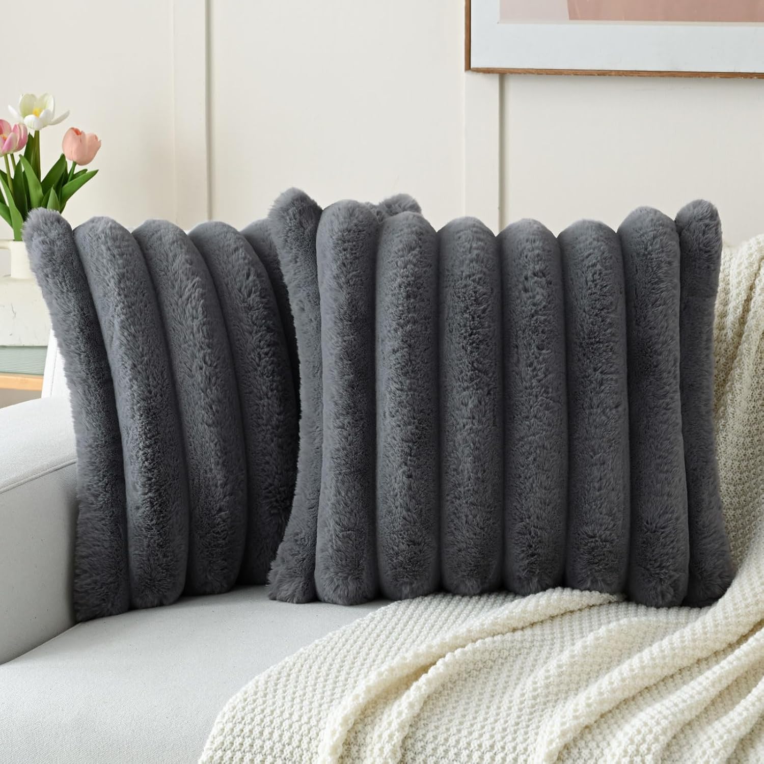 FUTEI Dark Grey Decorative Throw Pillow Covers 18x18 Inch Set of 2, Square Soft Faux Rabbit Fur Big Striped Cushion Cover,Home Decor for Couch Sofa Bed Living Room