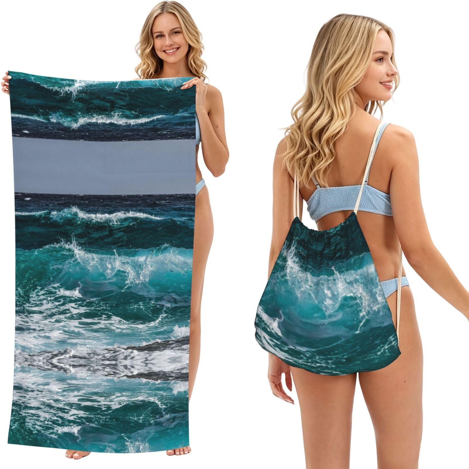 SATUSA Sea Water Print 2-In-1 Foldable Beach Towel Backpack â€“ Camping, Yoga And Travel,Bath Towel With Built-In Storage, Convertible Beach Mat & Carry Bag