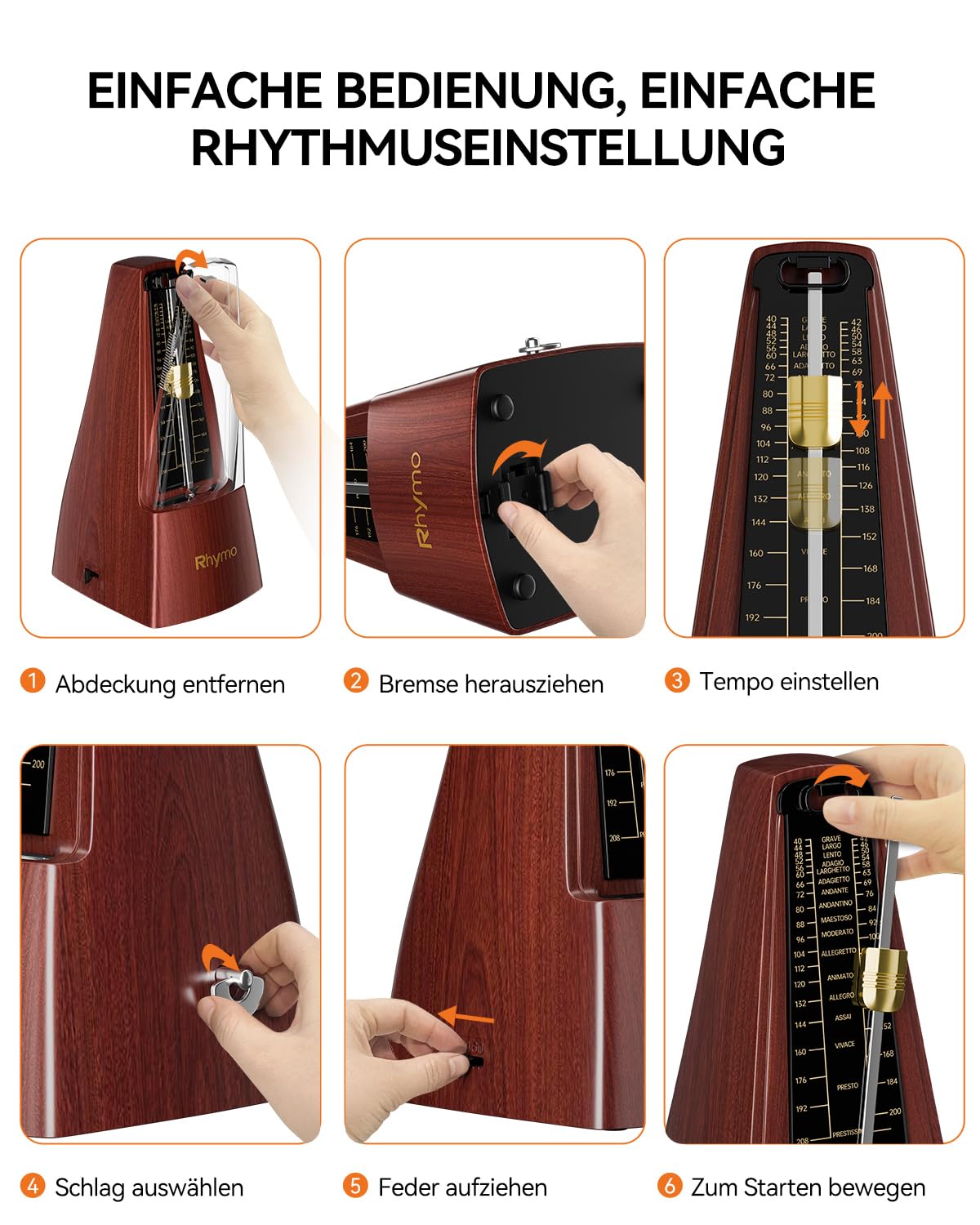 Rhymo Metrónomo Mecánico para Piano/Violín/Guitarra/Bajos e Instrumentos de Viento, Beat Preciso, 40-208 BPM con 4 Modos de Ritmo (2/4, 3/4, 4/4, 6/8), Diseño Clásico de Cuerda(Nogal)