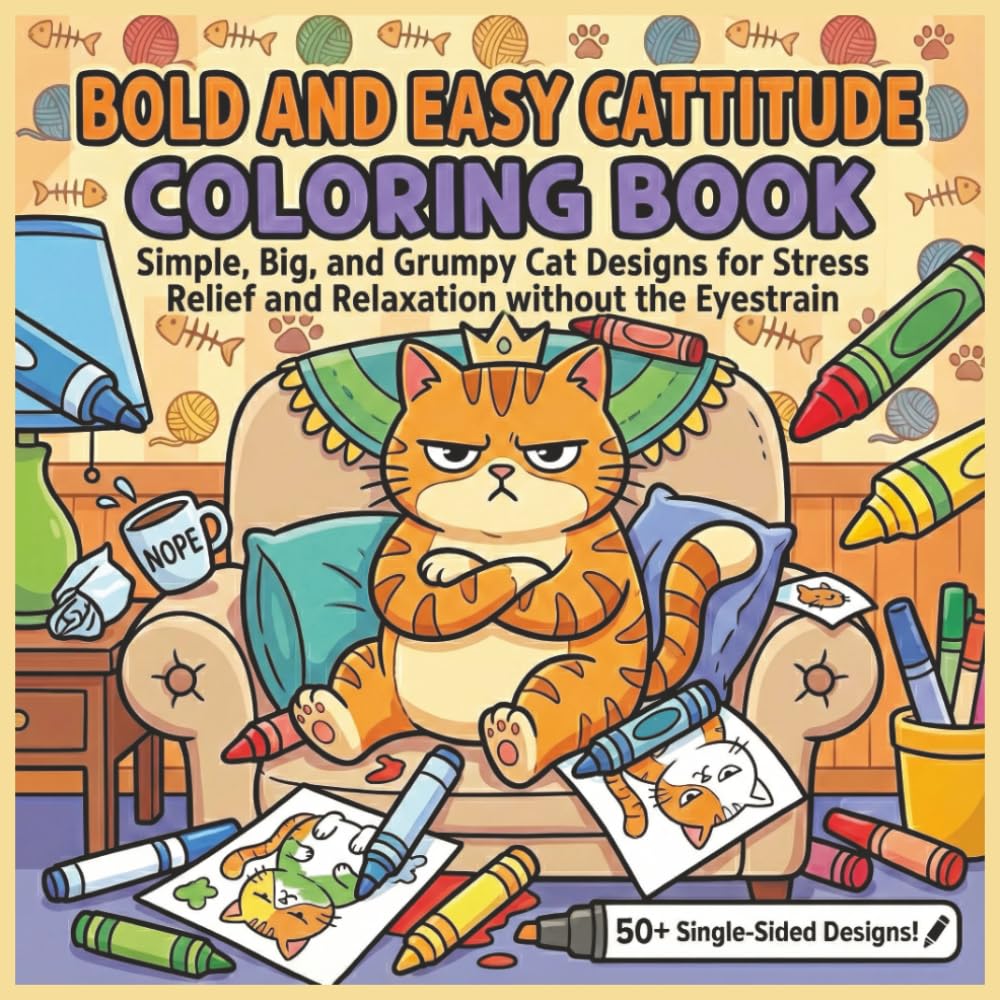 Bold and Easy Cattitude Coloring Book: Simple, Big, and Grumpy Cat Designs for Stress Relief and Relaxation without the Eyestrain