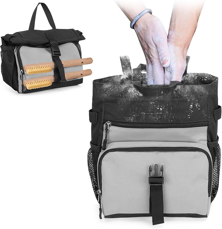 Bolsa de tiza PGmoon, bolsa de tiza grande para escalada en roca y búlder | Viene con forro de papel de aluminio, cierre magnético, múltiples bolsillos, 2 portaescobillas (diseño de patente)