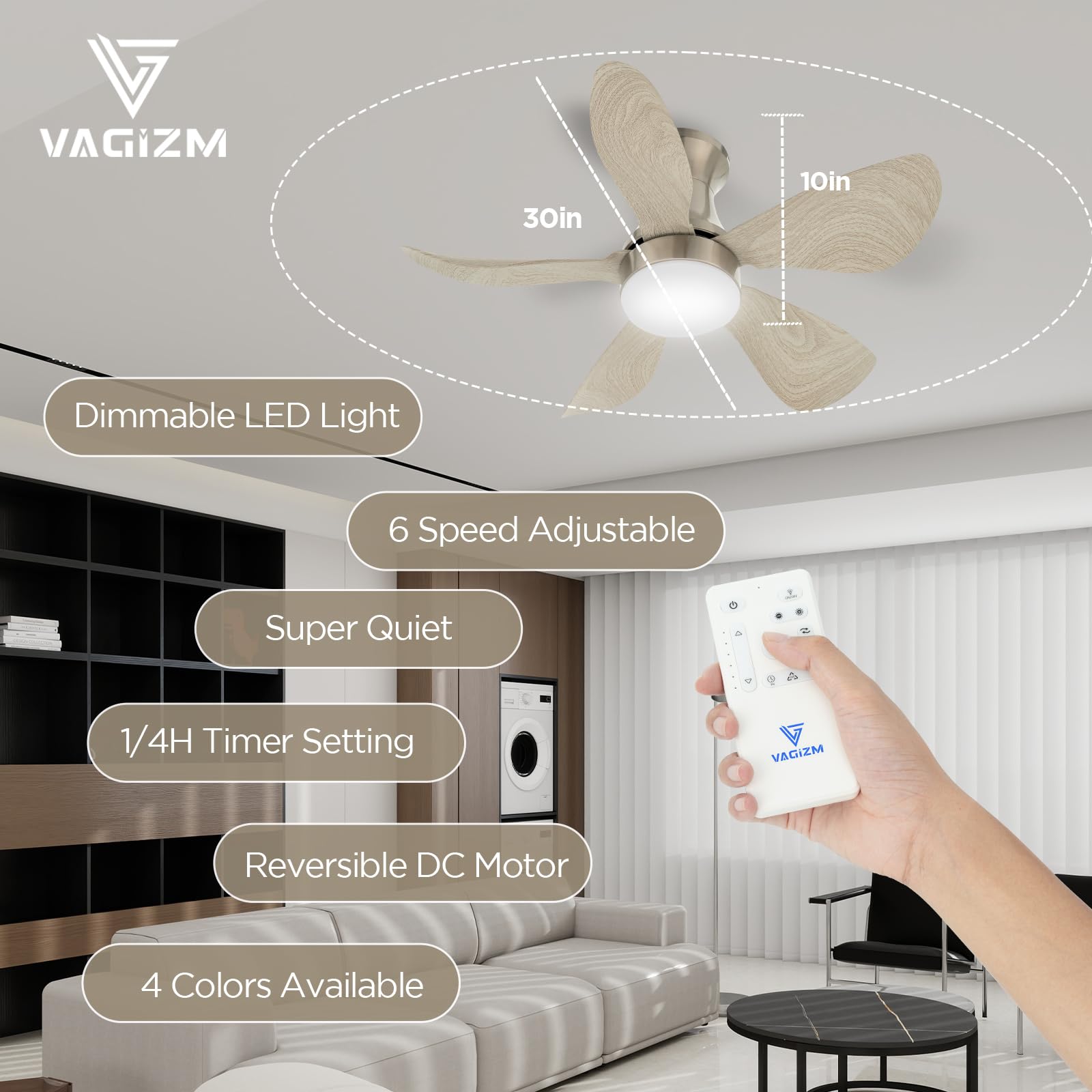 Deckenventilator mit Beleuchtung für Schlafzimmer:76cm leiser Deckenventilator mit Fernbedienung für Wohnzimmer - Umkehrbarer DC- Motor – Grau 5 Flügel - Timer Funktion V