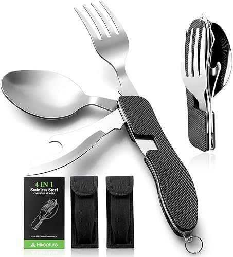Miniatura 13 de Utensilios para campamento HIKENTURE 4 en 1, juego de tenedor, cuchillo, cuchara y abridor de botellas de acero inoxidable con estuche de Negro