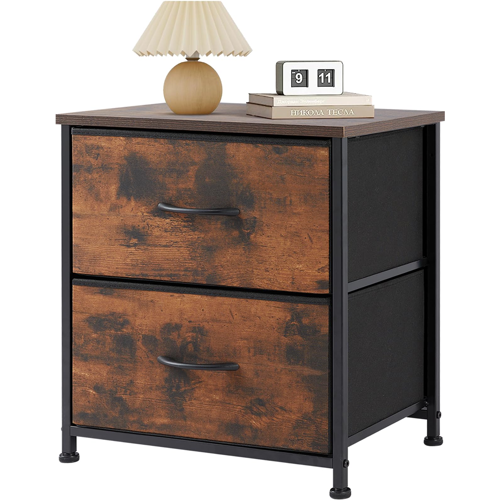 Sweetcrispy Nightstand with 2 Drawers, End Tables Bedside Furniture Side Table with Storage Kids Night Stand with Fabric Bins, Wooden Top Small Dresser for Bedroom Closet, Entryway, College Dorm