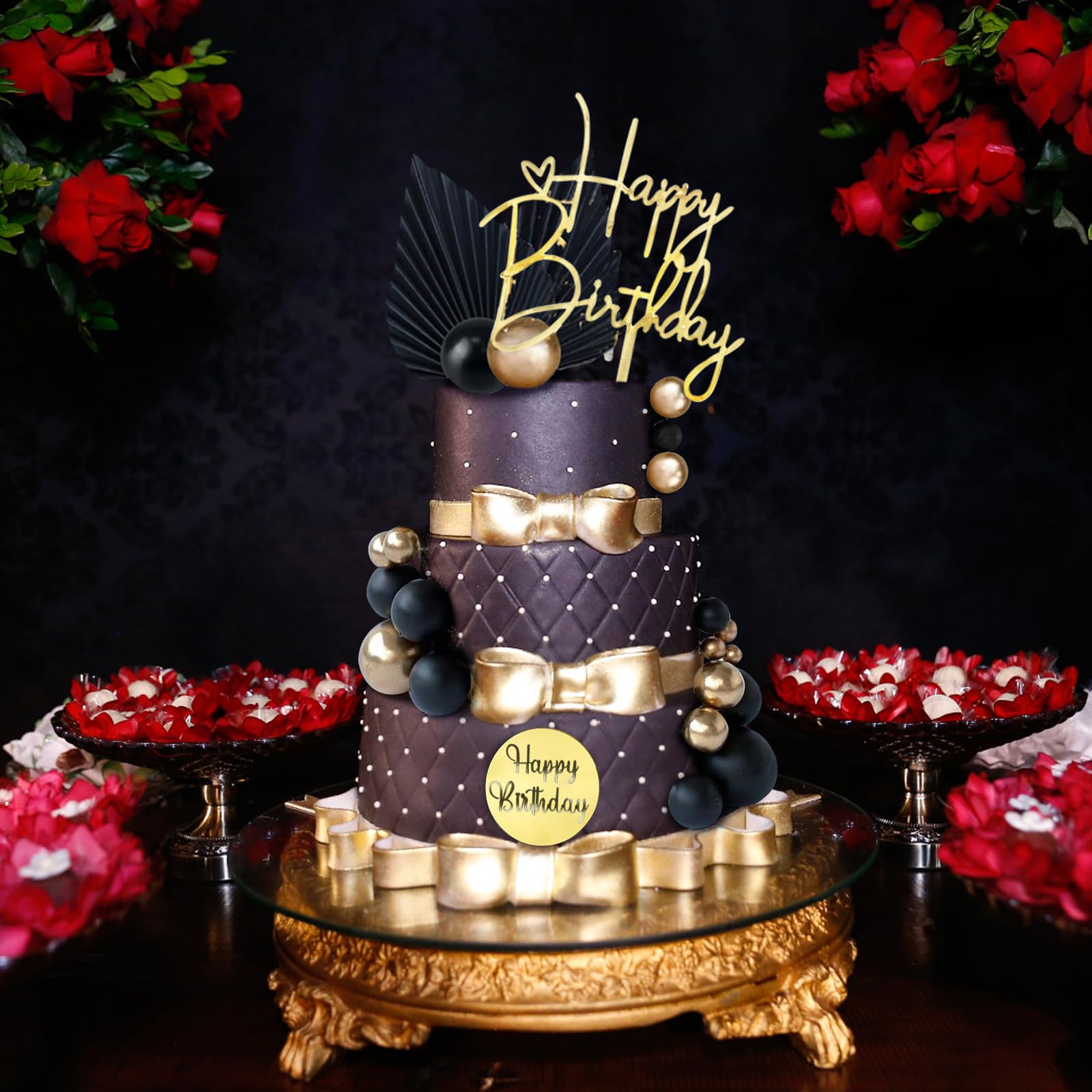 61-teiliges Kugel-Cake-Topper-Set Schwarz-Gold – Ballon-Tortendeko, Kerzen, Palmenfächer, Für Geburtstag, Hochzeit, Party