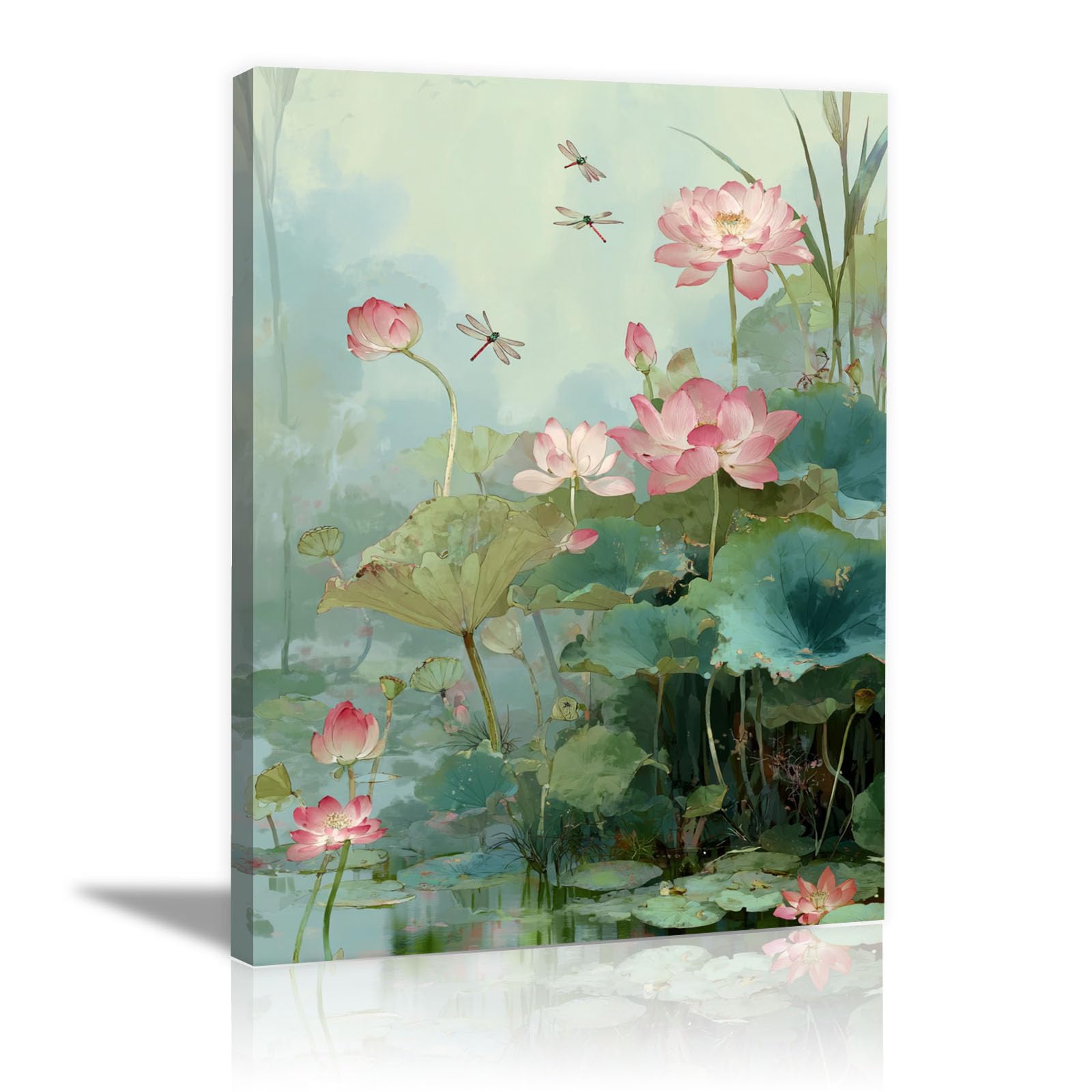 Teruea Green Grace Floral Pictures On Canvas Prints Vintage Blush Pond, Dragonfly & Wild Floral Botanical Art For Home And Office Decoration(Green)-60X90cm1 Framed
