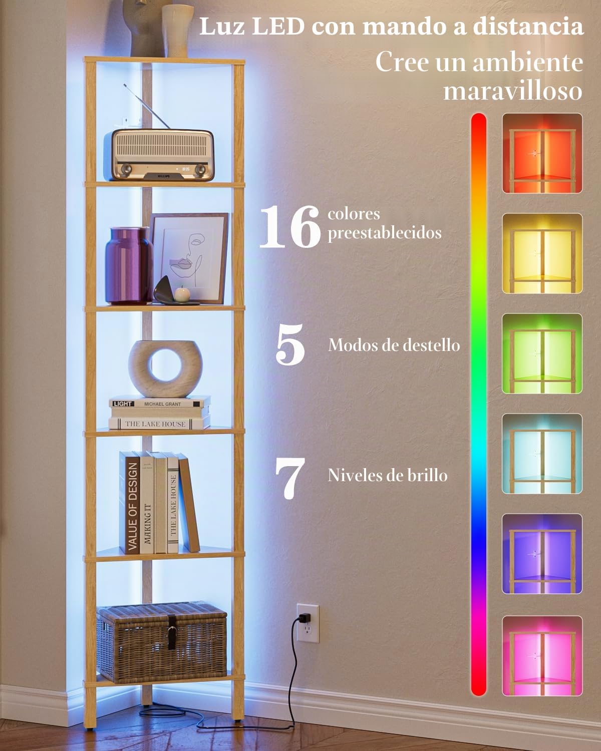 Estantería esquinera de 6 Niveles con luz LED, estantería Triangular de pie, Mueble Organizador Que Ahorra Espacio para salón, Dormitorio, Cocina o baño, Acabado Roble, 37 × 27 × 150 cm