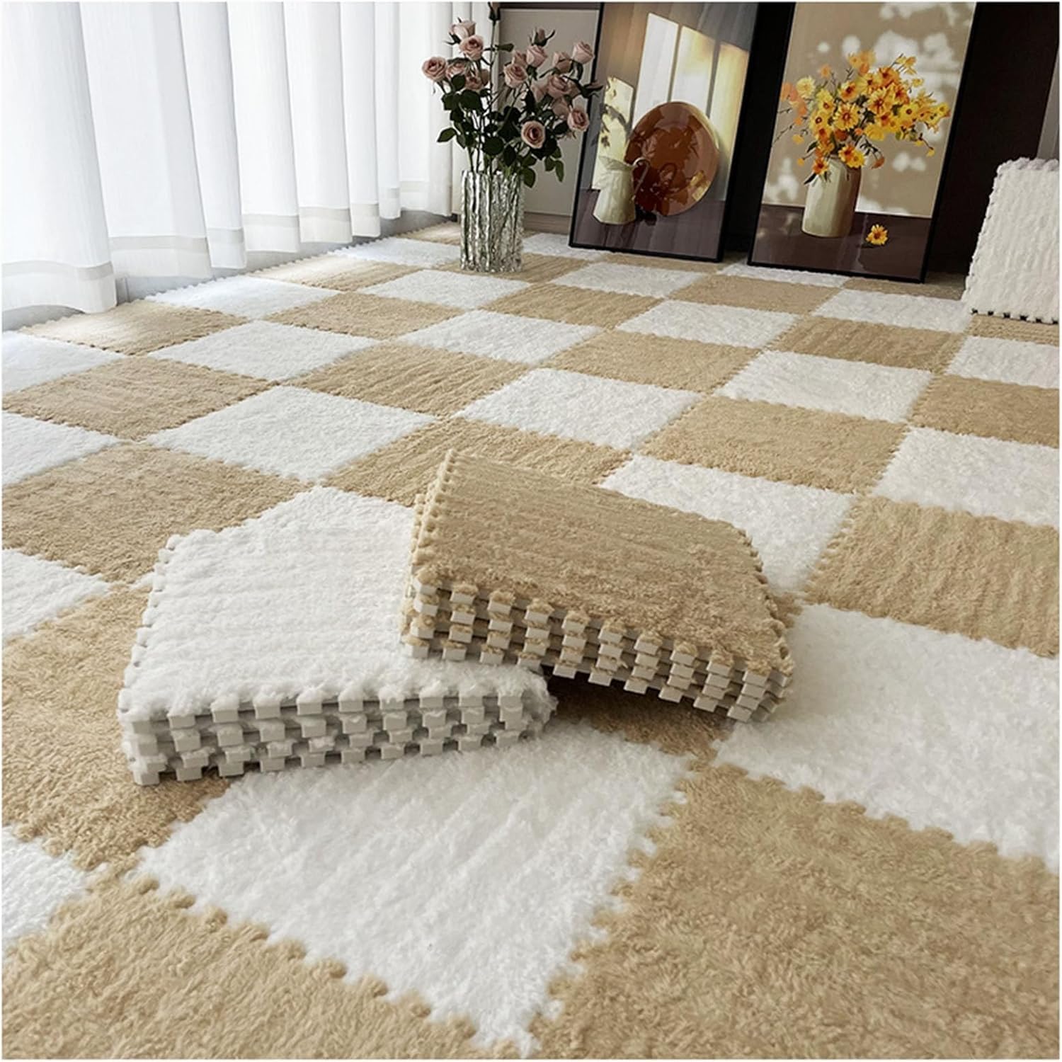 Tapis en mousse emboîtables premium effet peluche : 100 dalles de 12" pour un sol design
