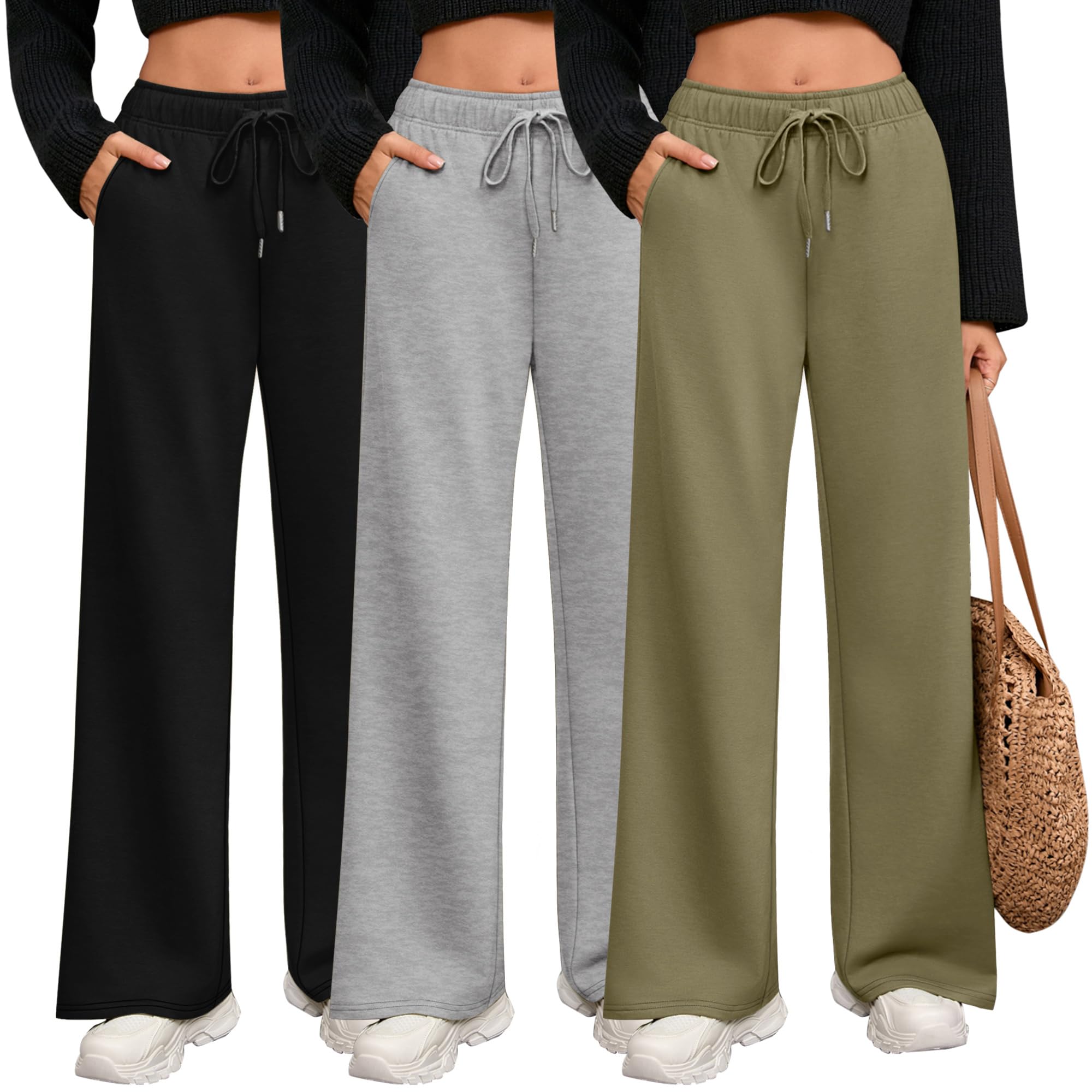 Riyiper 3 Pack Women Wide Leg Sweatpants Drawstring Straight Pants Elastic Waist Joggers Open Bottom Sweatpants with Pockets