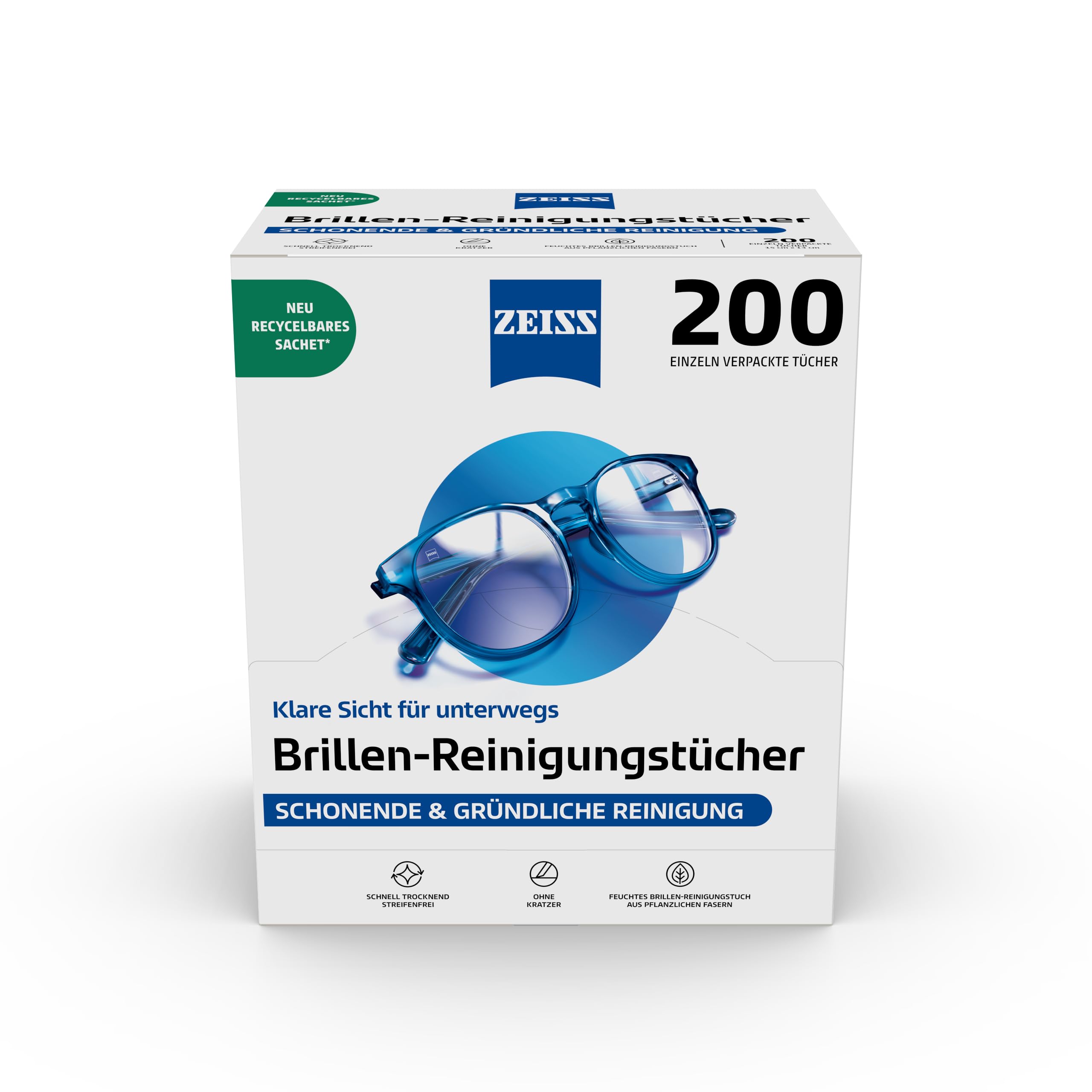 Zeiss Brillenputztücher [200 St.] recycelbare Brillen-Reinigungstücher